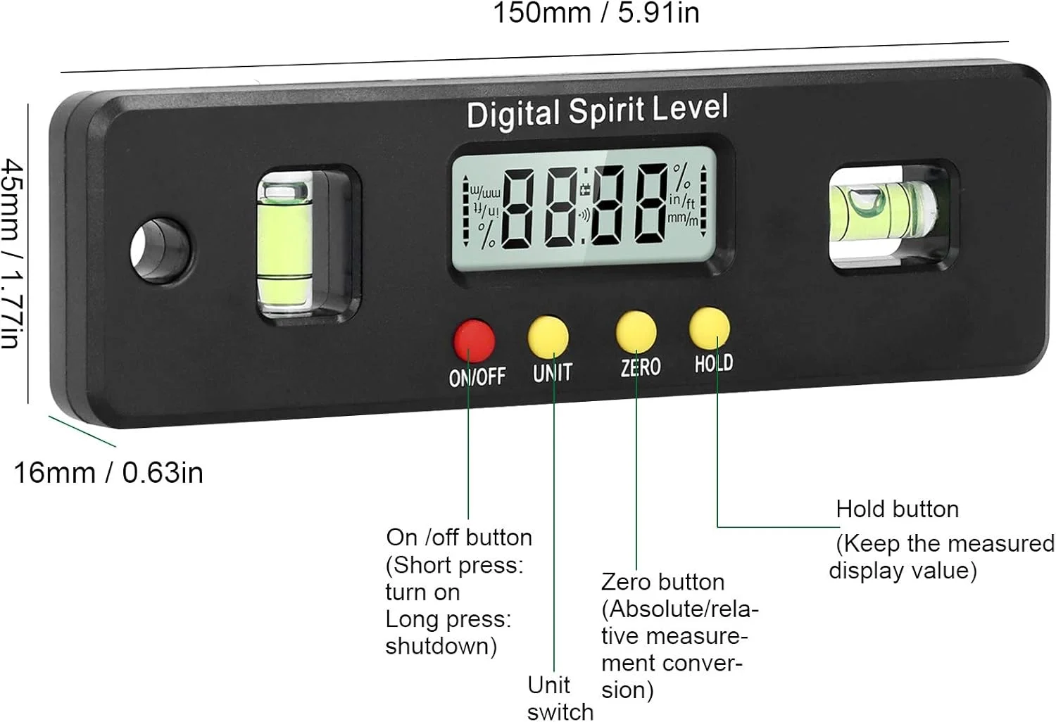 تراز دیجیتال 150 میلی‌متری - مینی زاویه‌سنج، تراز مغناطیسی، ابزار اندازه‌گیری زاویه الکترونیکی برای نجاری، ساختمان، خودرو و بنایی