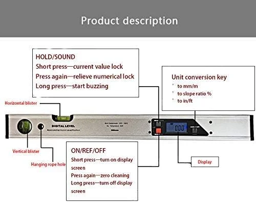 شیب سنج دیجیتال DESONIX، زاویه یاب 360 درجه با نور پس زمینه LCD، تبدیل اینچ/متریک، سه دکمه (رنگ: 1000 میلی متر با آهنربا)