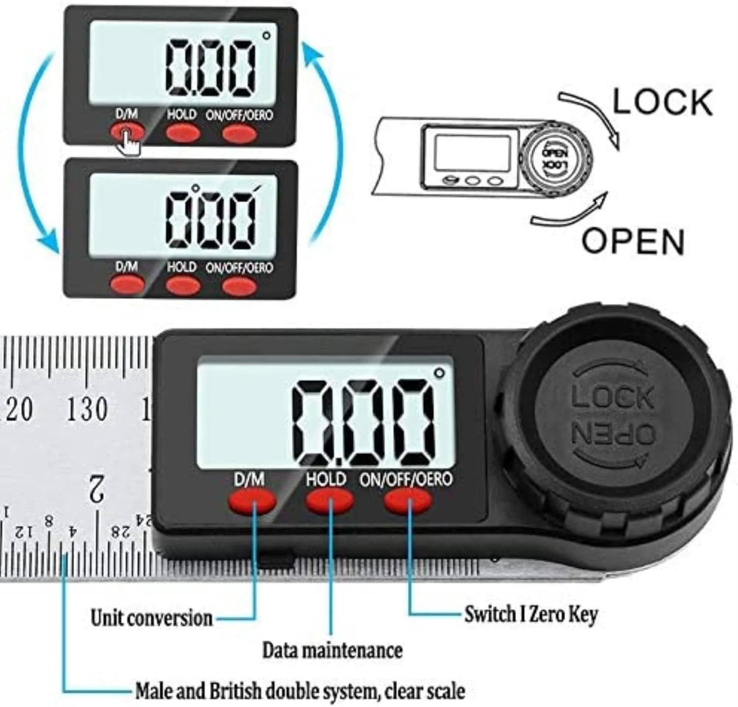 زاویه سنج دیجیتال وی شنگ، خط کش زاویه 200 میلی متر، 8 اینچ، زاویه یاب، استیل ضد زنگ، گونیومتر 360 درجه، شیب سنج