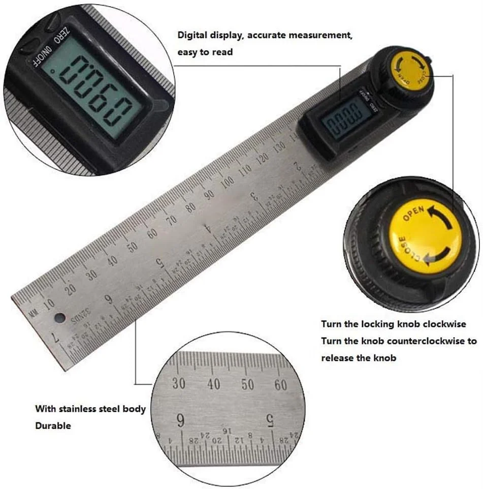 زاویه یاب دیجیتال، شیب سنج دیجیتال، نقاله با عملکرد نگه داشتن داده و تنظیم مجدد صفر، صفحه نمایش LCD، تراز الکترونیکی