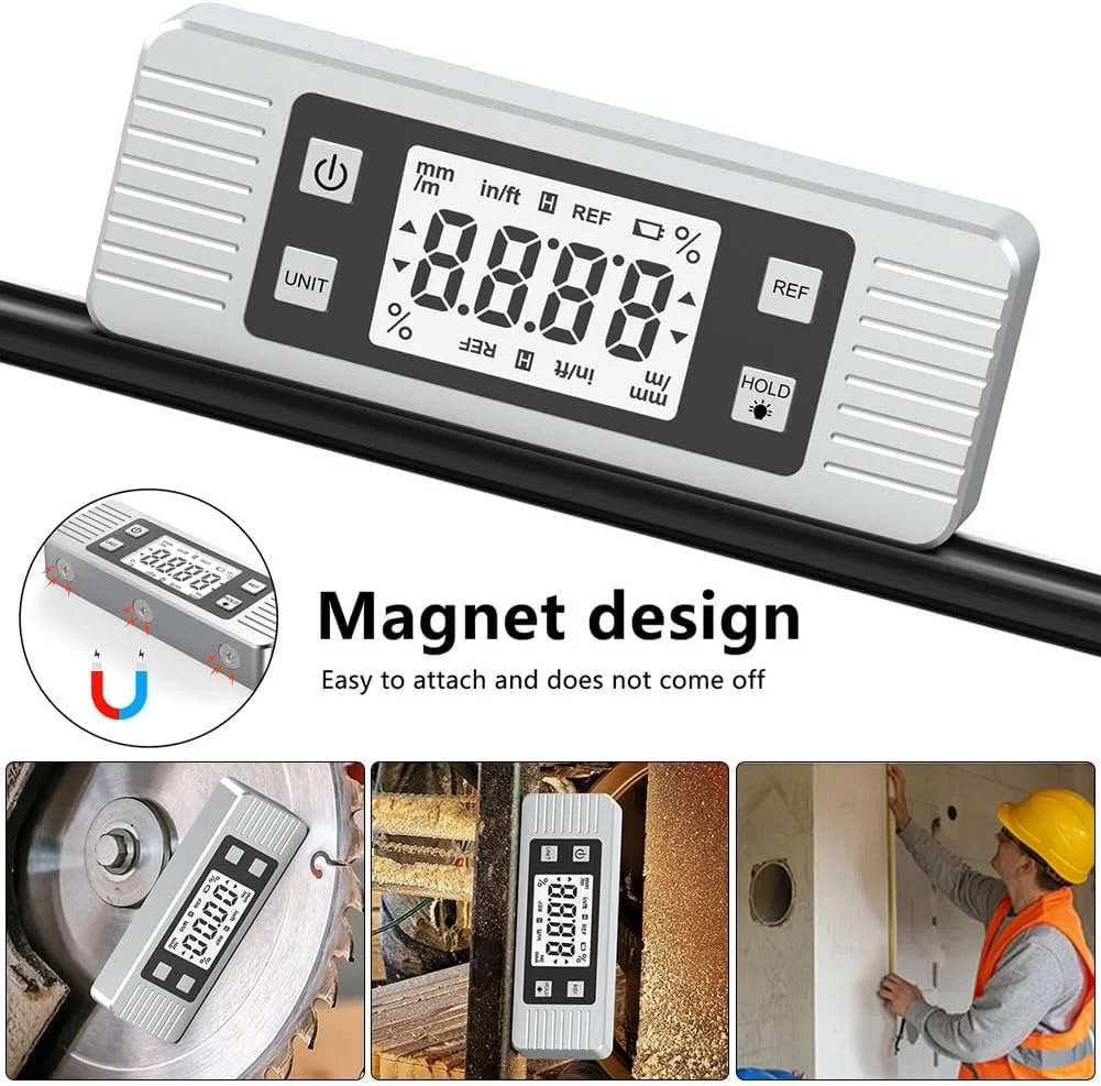 تراز دیجیتال، زاویه سنج، ابزار یافتن زاویه الکترونیکی مغناطیسی، نقاله، شیب سنج، ابزار نجاری با آهنربا برای ساخت و ساز، نجاری و ماشین آلات (نقره ای)