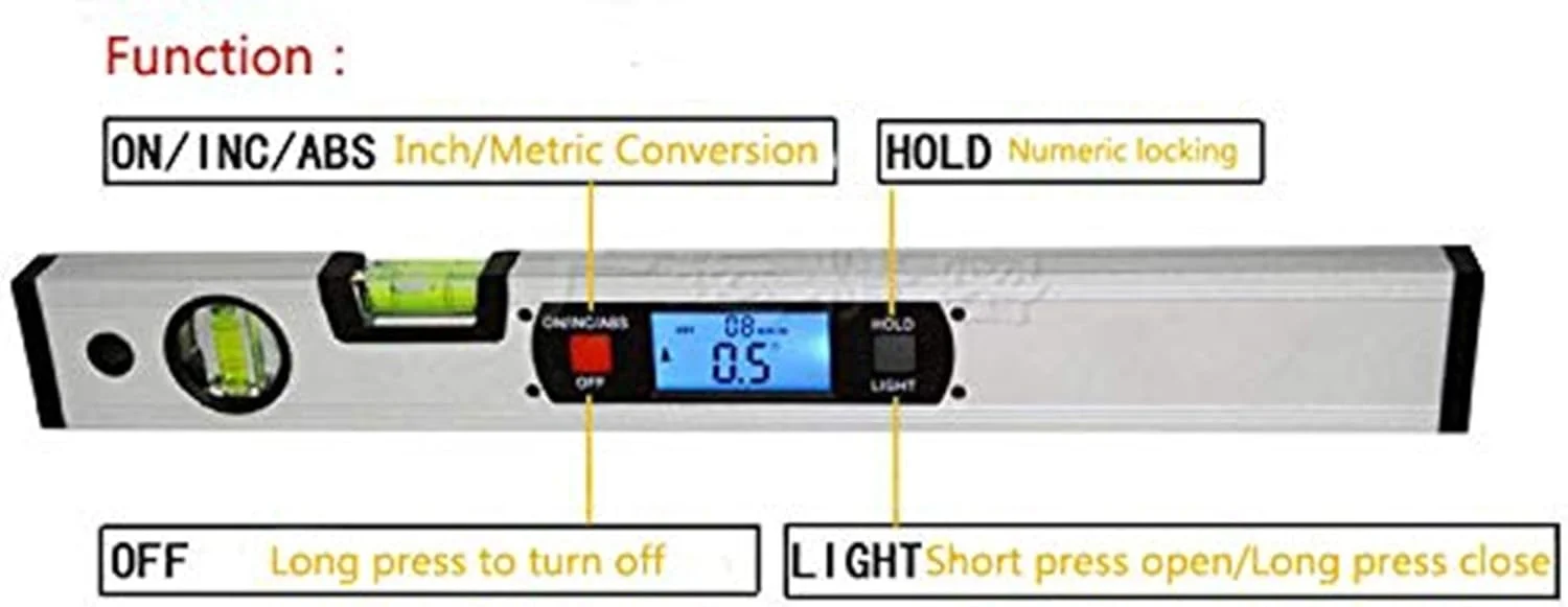 زاویه یاب دیجیتال TTGLRT، شیب سنج 360 درجه با نور پس زمینه LCD، تبدیل اینچ/متریک، 400 میلی متر/16 اینچ (دارای آهنربا)