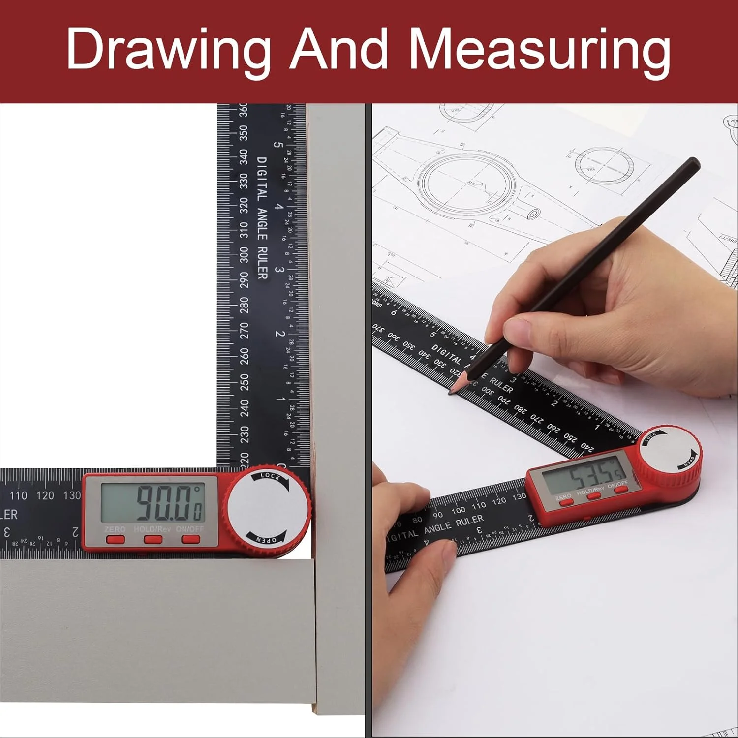 زاویه یاب دیجیتال Smgda، زاویه سنج دیجیتال 200mm/7 اینچی، آشکارساز زاویه داخلی و خارجی نجاری، ابزار اندازه گیری زاویه برای اندازه گیری/نجاری/ساخت و ساز (300mm)