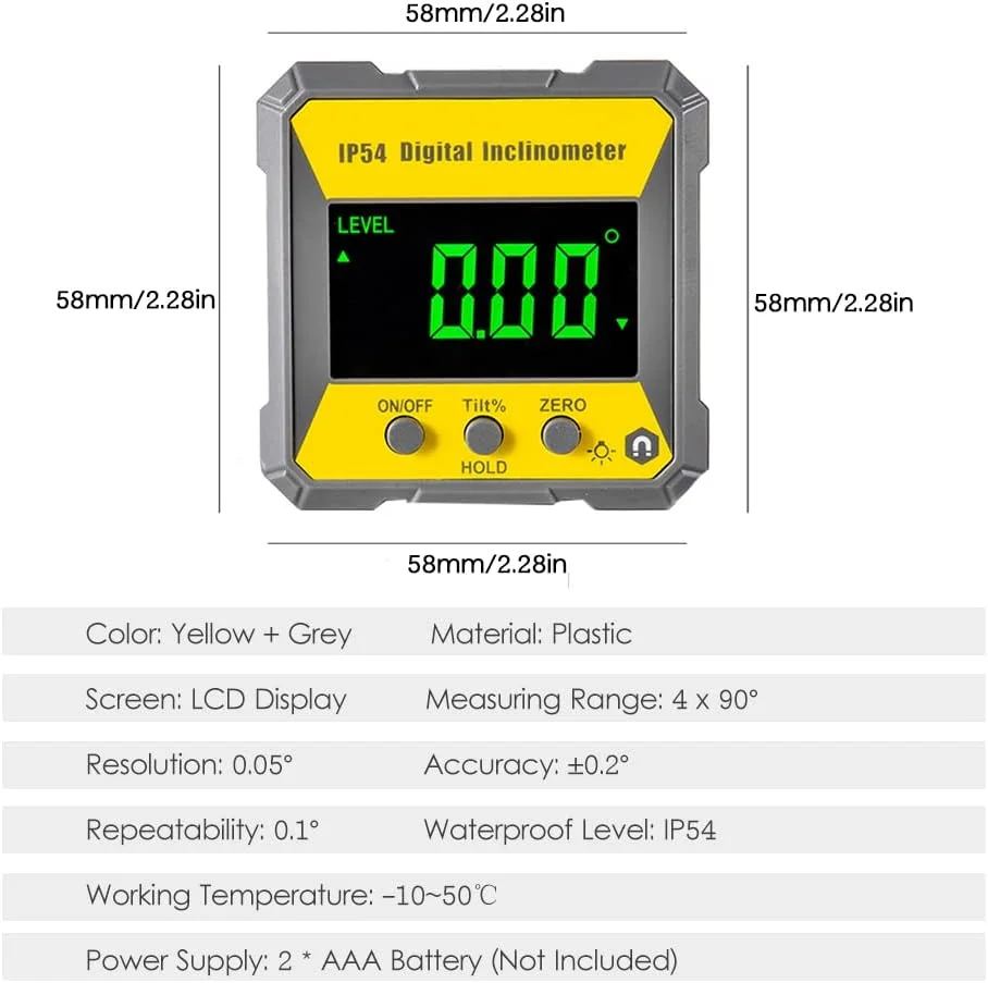 زاویه سنج دیجیتال ال سی دی گرافسوآ با دقت 0.2 درجه، جعبه تراز یاب زاویه ای IP54، ابزار تراز الکتریکی برای ماشین آلات نجاری و تعمیرات خودرو