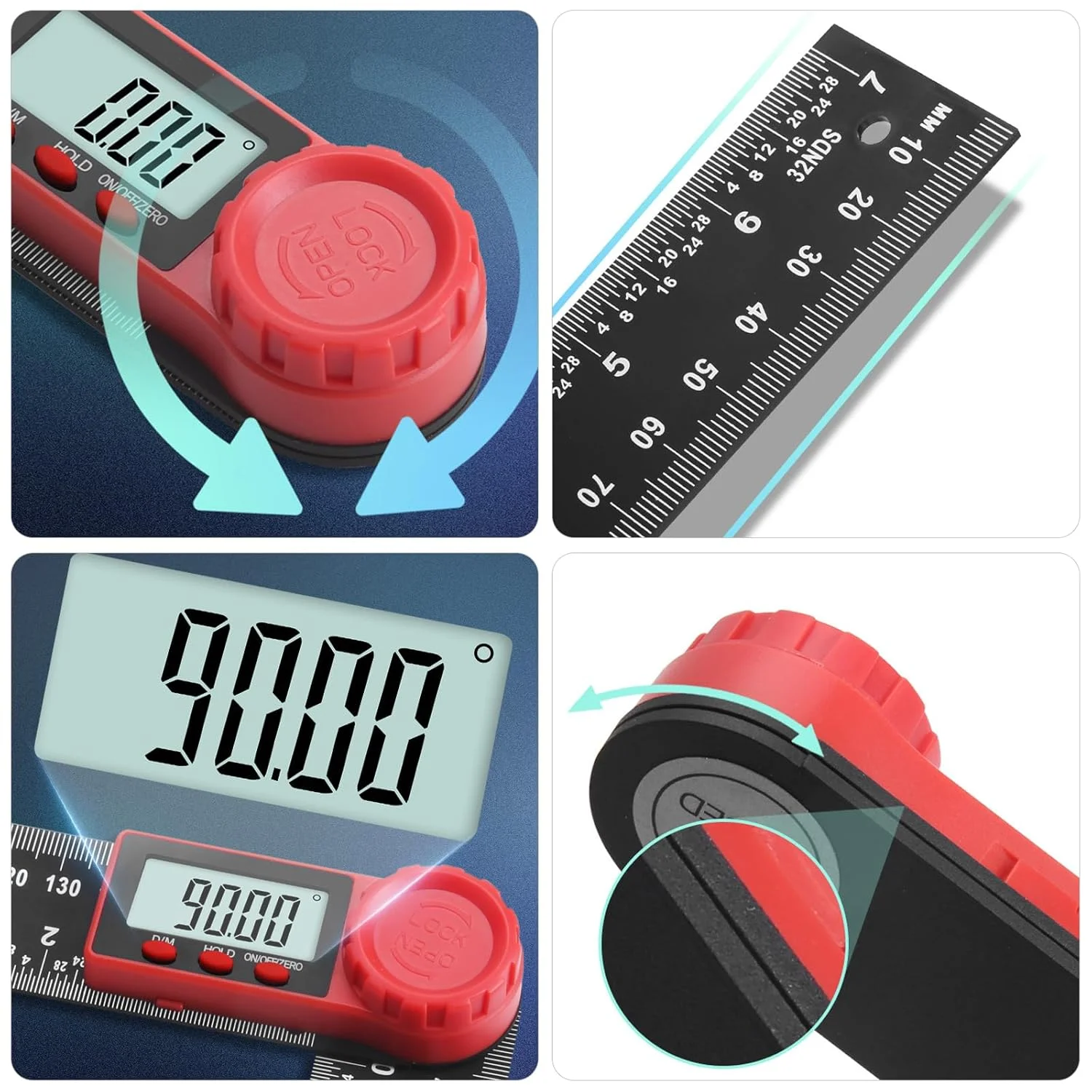 زاویه یاب دیجیتال، 200 میلی متر/7 اینچ، شیب سنج دیجیتال، ابزار اندازه گیری زاویه، خط کش زاویه ای با صفحه نمایش LCD برای نجاری، ساخت و ساز، تعمیرات