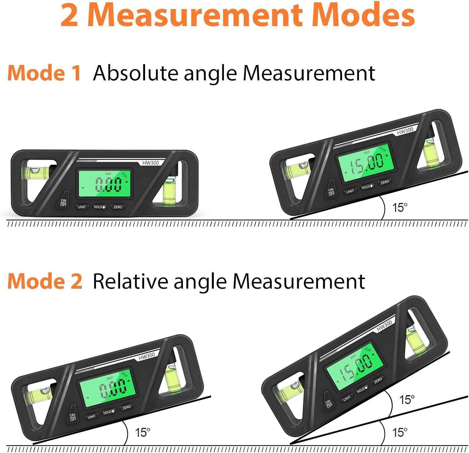 شیب سنج اونا، زاویه سنج دیجیتال مغناطیسی، اندازه گیری مطلق و نسبی زاویه و تبدیل شیب، شیب سنج چند منظوره، نمایشگر LCD با نور پس زمینه