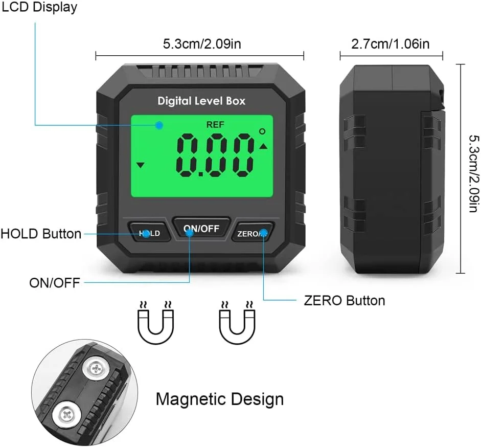 شیب سنج دیجیتال OUNA، شیب سنج مغناطیسی دیجیتال، اندازه گیری مطلق و نسبی زاویه و تبدیل شیب، صفحه نمایش LCD با نور پس زمینه، شیب سنج چند منظوره
