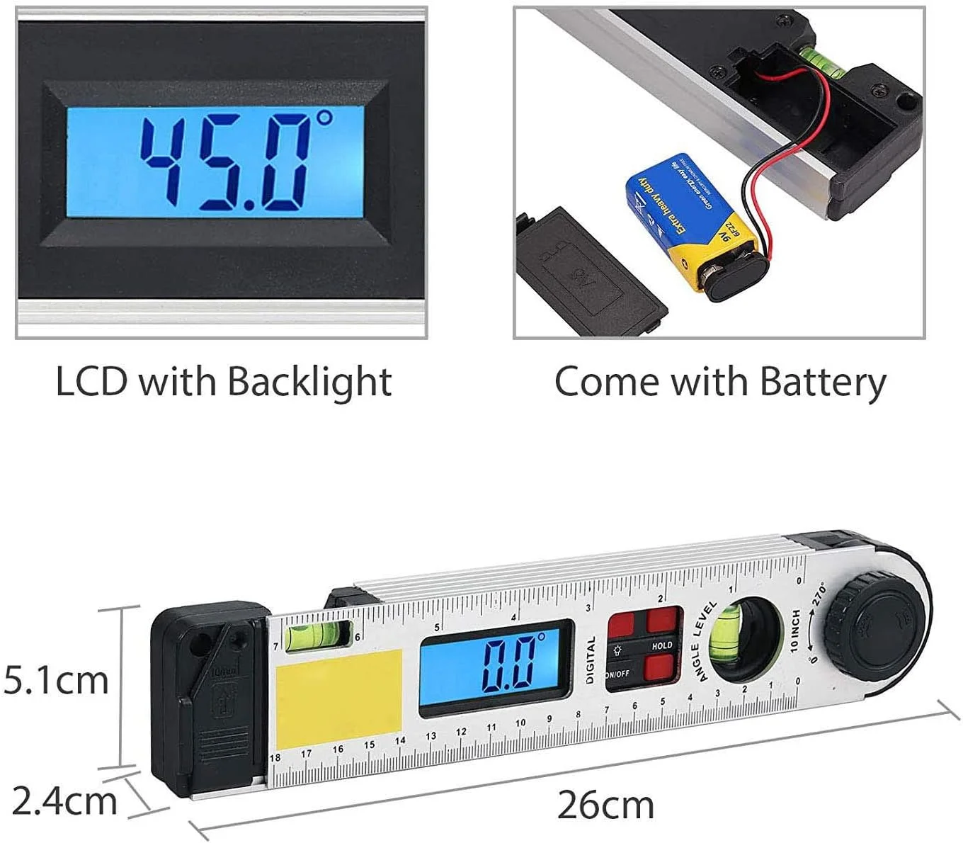 زاویه یاب دیجیتال 0 تا 270 درجه با صفحه نمایش LCD و تراز حبابی