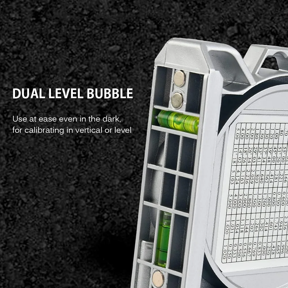 زاویه یاب مغناطیسی Obery، تراز شیب سنج کوچک، ابزار اندازه گیری، نقاله، تراز، دارای دو حباب تراز و جدول مقایسه در پشت زاویه یاب مغناطیسی Obery، تراز شیب سنج کوچک، ابزار اندازه گیری، نقاله، تراز، دارای دو حباب تراز و جدول مقایسه در پشت