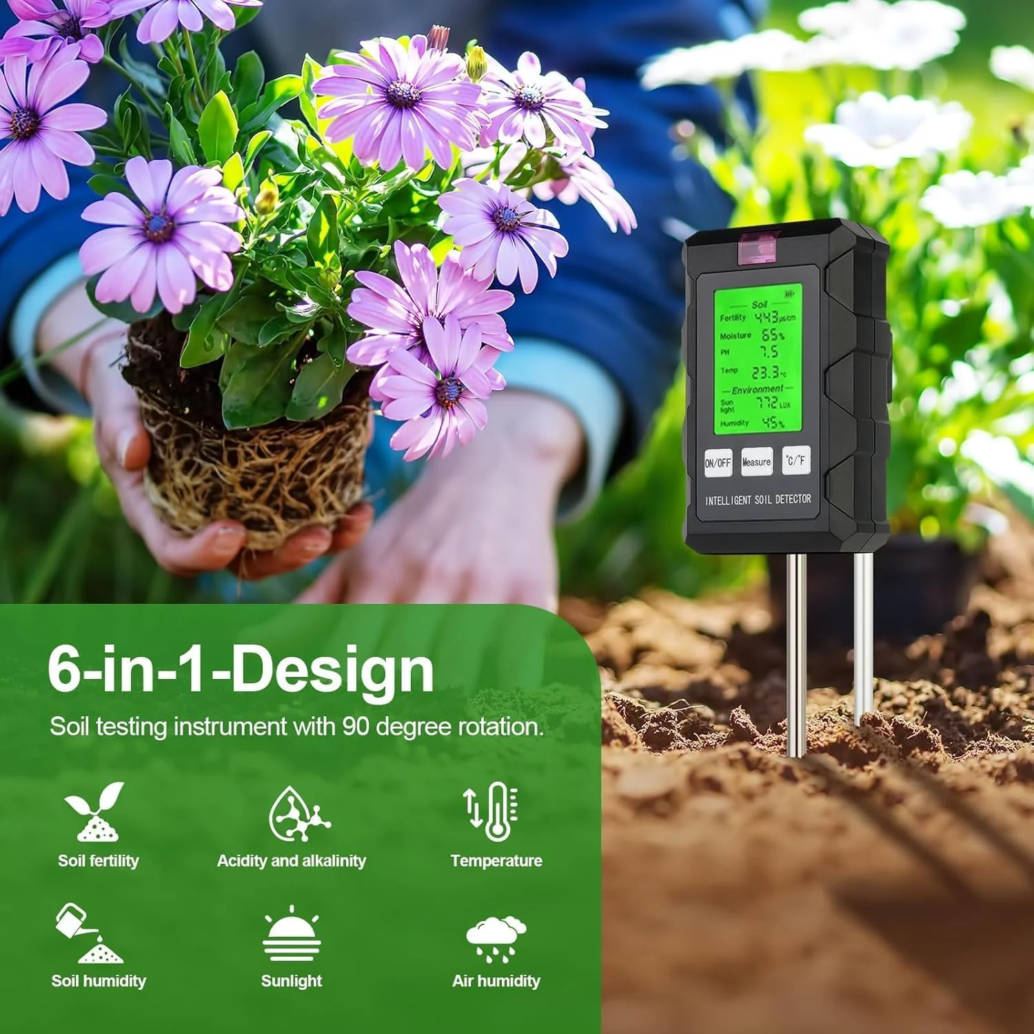 دستگاه سنجش رطوبت خاک 6 در 1 دیجیتال، با قابلیت سنجش pH، نور خورشید، دما، رطوبت و حاصلخیزی خاک، دستگاه سنجش رطوبت خاک با صفحه نمایش LCD و پروب دوتایی برای باغبانی، کشاورزی و گیاهان فضای باز