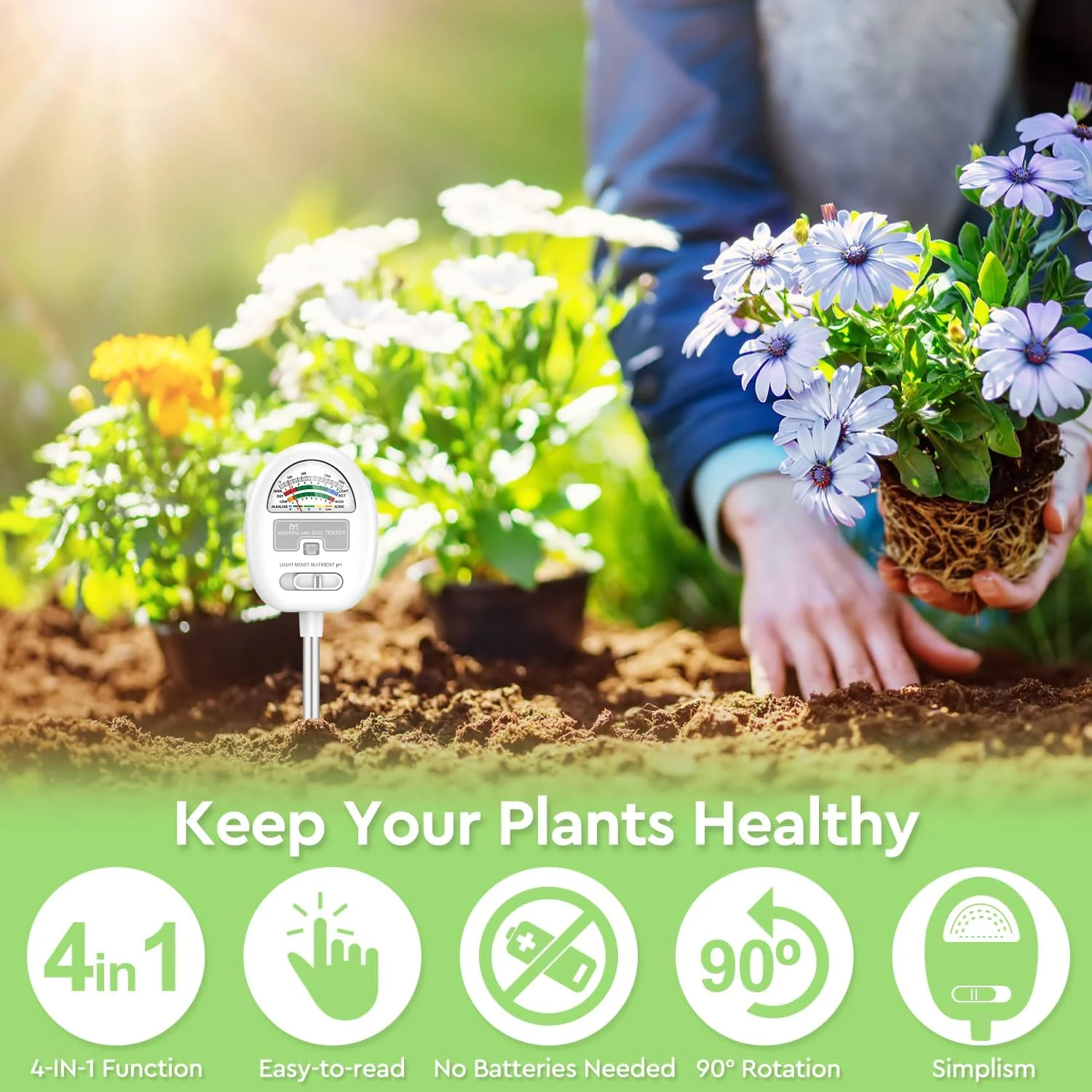 رطوبت سنج خاک Moistenland [به روز شده]، تستر pH خاک 4 در 1، رطوبت سنج/نور/مواد مغذی/pH خاک برای باغبانی، چمن، کشاورزی، استفاده از گیاهان داخلی و خارجی، بدون نیاز به باتری