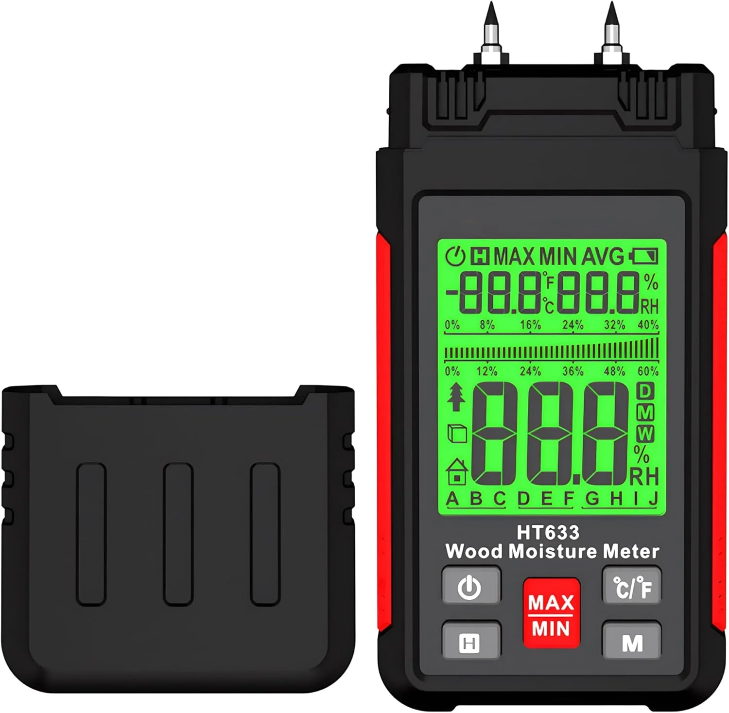 رطوبت سنج چوب و نشت یاب آب با صفحه نمایش LCD دارای نور پس زمینه، اندازه گیری دما و رطوبت، نوع سوزنی برای مواد چوبی، ملات، تخته سه لایی، هیزم، بتن، کاغذ دیواری، کفپوش، فرش HT633 رطوبت سنج چوب و نشت یاب آب با صفحه نمایش LCD دارای نور پس زمینه، اندازه گیری دما و رطوبت، نوع سوزنی برای مواد چوبی، ملات، تخته سه لایی، هیزم، بتن، کاغذ دیواری، کفپوش، فرش HT633