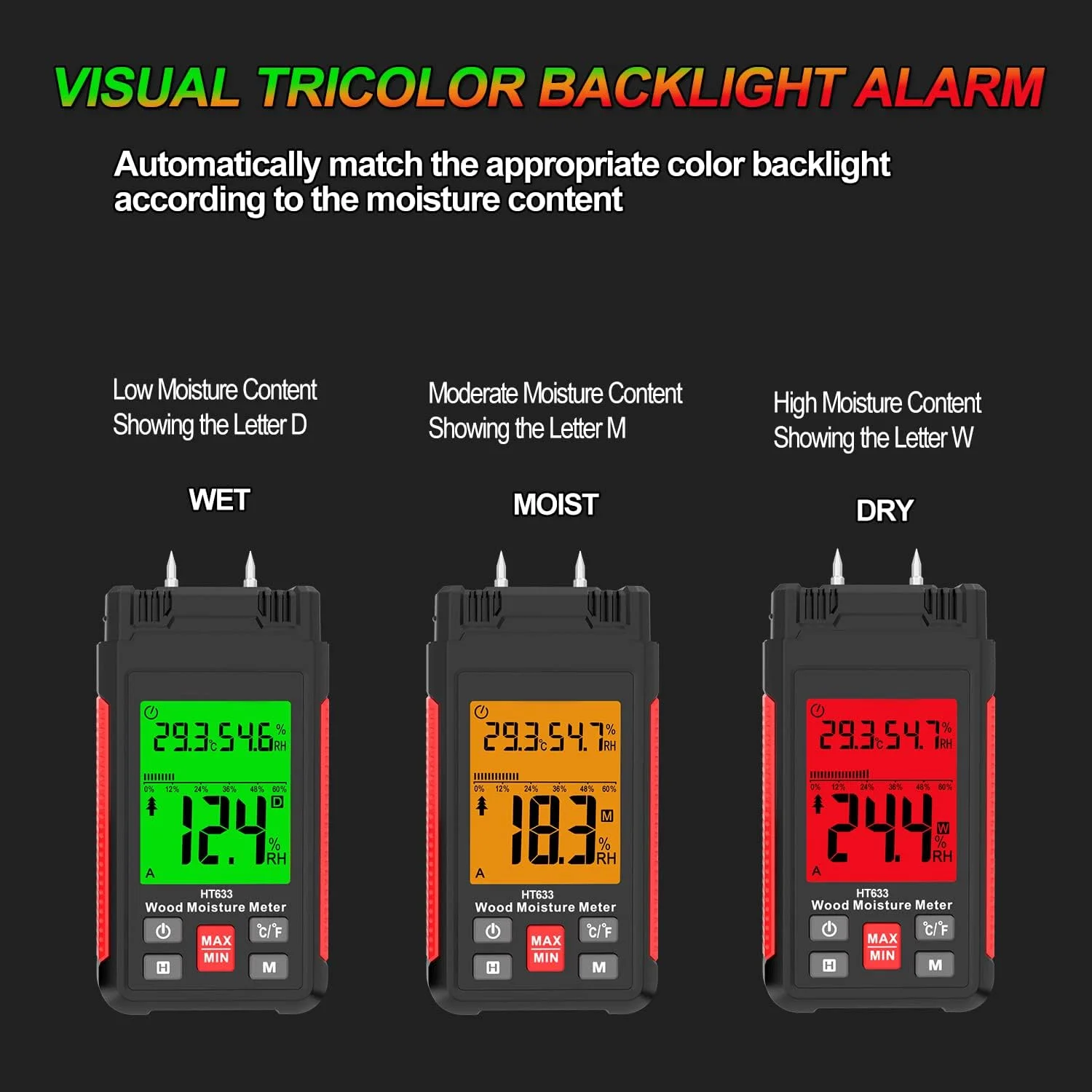 رطوبت سنج چوب و نشت یاب آب با صفحه نمایش LCD دارای نور پس زمینه، اندازه گیری دما و رطوبت، نوع سوزنی برای مواد چوبی، ملات، تخته سه لایی، هیزم، بتن، کاغذ دیواری، کفپوش، فرش HT633 رطوبت سنج چوب و نشت یاب آب با صفحه نمایش LCD دارای نور پس زمینه، اندازه گیری دما و رطوبت، نوع سوزنی برای مواد چوبی، ملات، تخته سه لایی، هیزم، بتن، کاغذ دیواری، کفپوش، فرش HT633