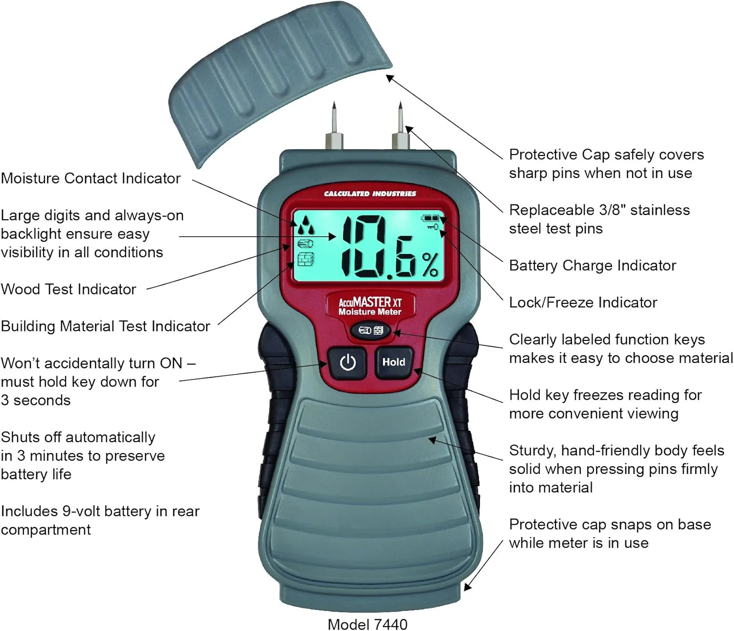 رطوبت سنج دیجیتال مدل AccuMASTER XT 7440 از Calculated Industries | دستی | نوع سوزنی | صفحه نمایش LCD با نور پس زمینه | تشخیص نشتی، رطوبت در چوب، دیوار، سقف، فرش و هیزم رطوبت سنج دیجیتال مدل AccuMASTER XT 7440 از Calculated Industries | دستی | نوع سوزنی | صفحه نمایش LCD با نور پس زمینه | تشخیص نشتی، رطوبت در چوب، دیوار، سقف، فرش و هیزم