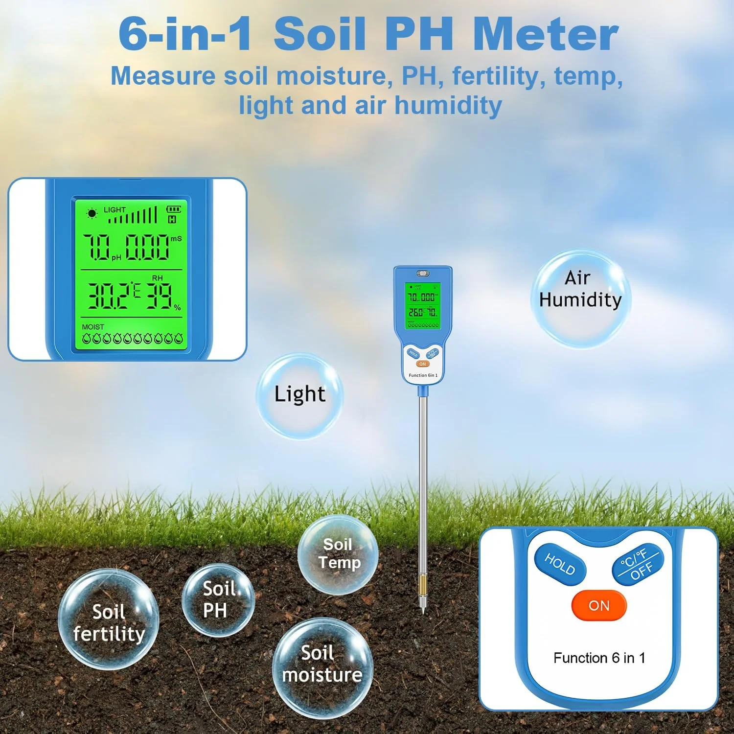 دستگاه تست خاک گلوکلوز 6 در 1 دیجیتال دما/نور/حاصلخیزی/رطوبت محیط با صفحه نمایش LCD برای باغ، چمن، مزرعه، گیاهان داخلی و خارجی (با باتری کار می کند) دستگاه تست خاک گلوکلوز 6 در 1 دیجیتال دما/نور/حاصلخیزی/رطوبت محیط با صفحه نمایش LCD برای باغ، چمن، مزرعه، گیاهان داخلی و خارجی (با باتری کار می کند)
