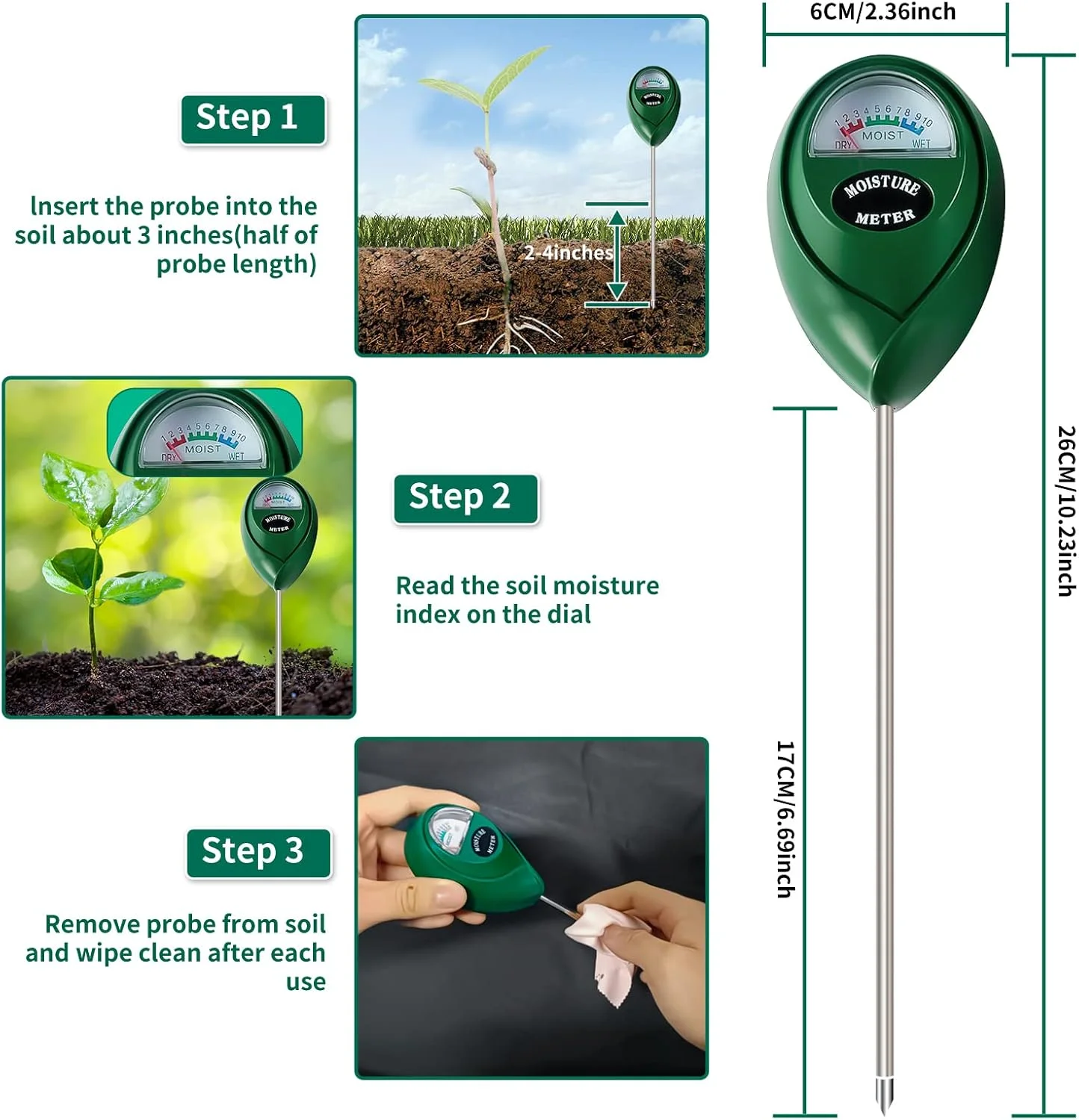 رطوبت سنج خاک SZHLUX، مراقبت از چمن، مزرعه، داخل و خارج از منزل، 26 سانتی متر، سبز رطوبت سنج خاک SZHLUX، مراقبت از چمن، مزرعه، داخل و خارج از منزل، 26 سانتی متر، سبز