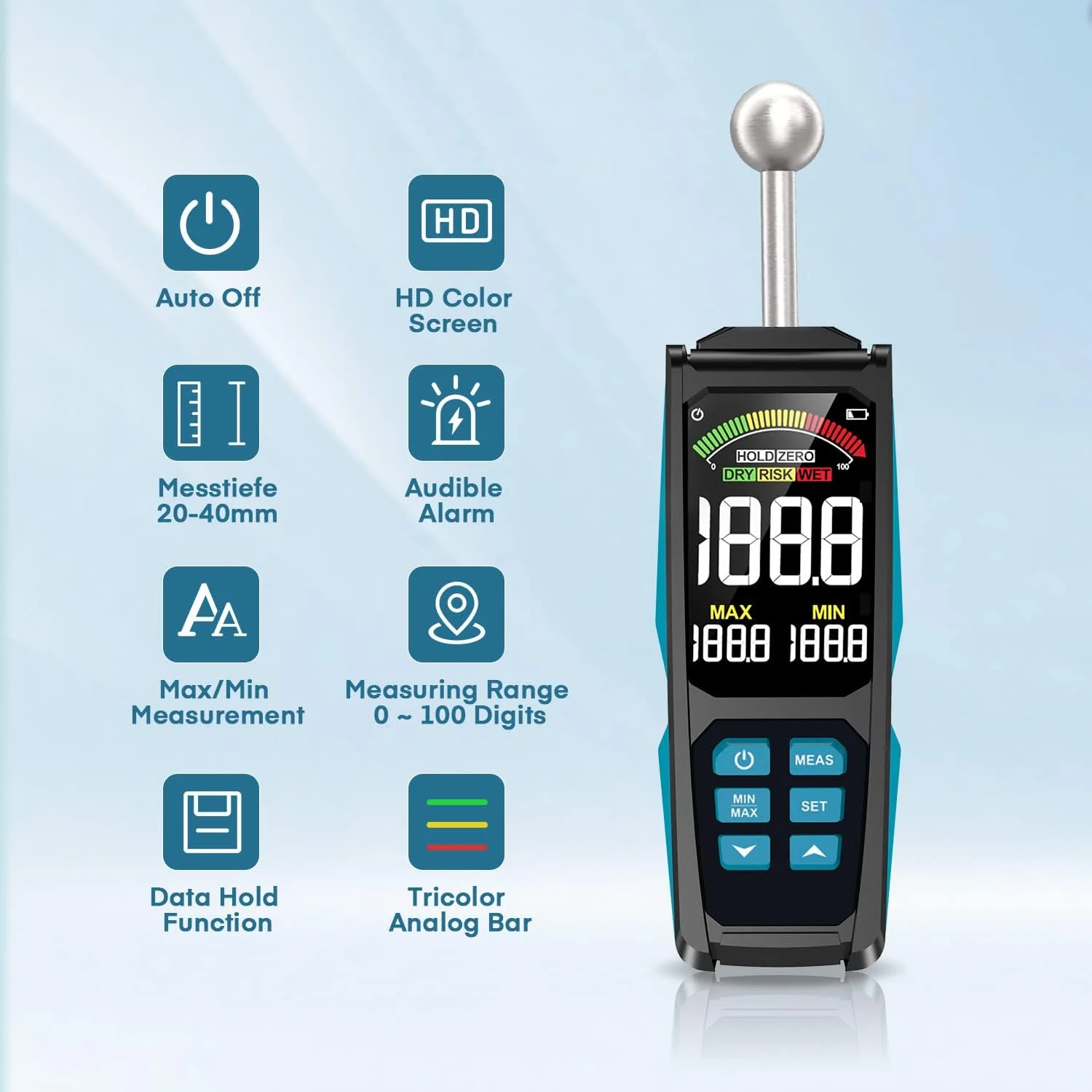 رطوبت سنج بدون سوزن، رطوبت سنج صفحه نمایش بزرگ 3 اینچی رنگی HD با عمق، به همراه کیف پارچه ای برای دیوارها، مصالح ساختمانی، چوب، گچ و بنایی رطوبت سنج بدون سوزن، رطوبت سنج صفحه نمایش بزرگ 3 اینچی رنگی HD با عمق، به همراه کیف پارچه ای برای دیوارها، مصالح ساختمانی، چوب، گچ و بنایی