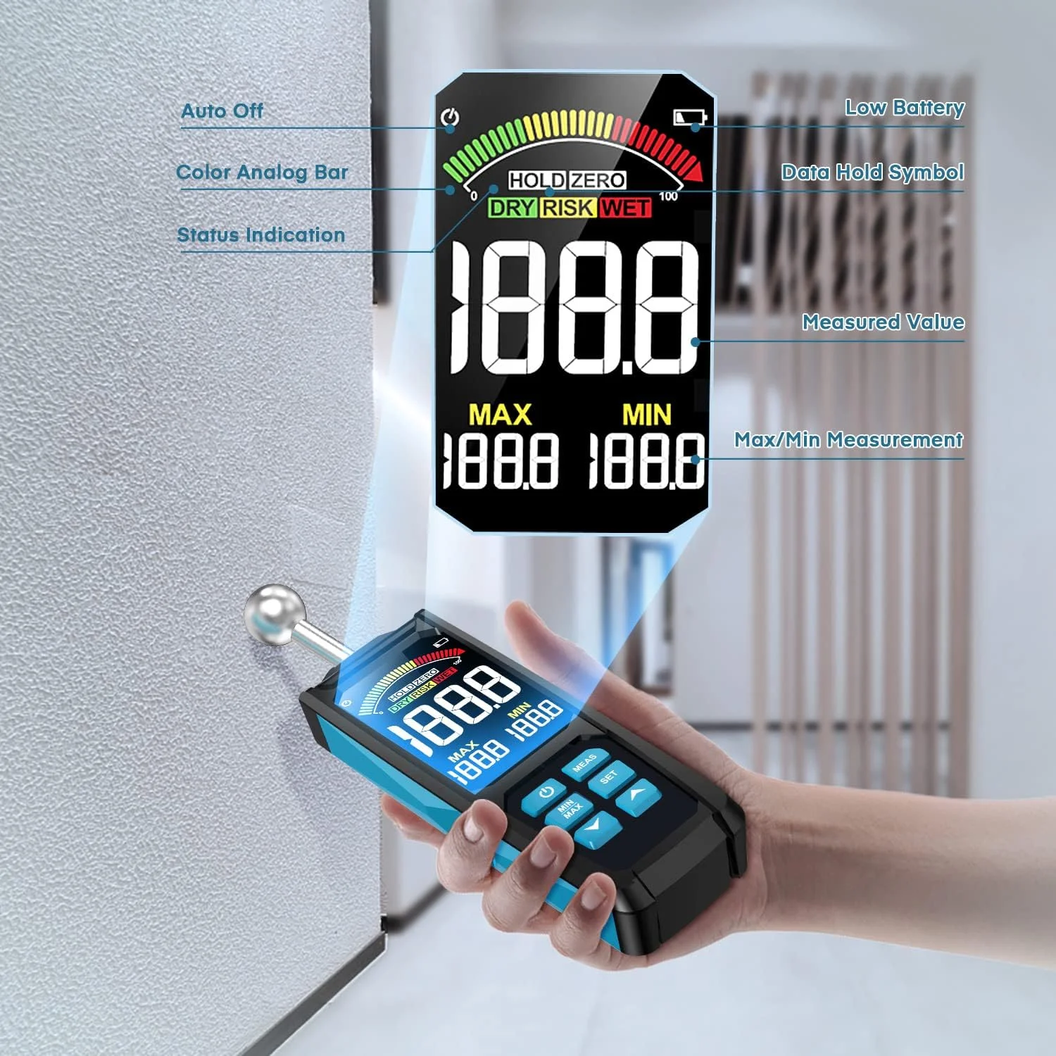 رطوبت سنج بدون سوزن، رطوبت سنج صفحه نمایش بزرگ 3 اینچی رنگی HD با عمق، به همراه کیف پارچه ای برای دیوارها، مصالح ساختمانی، چوب، گچ و بنایی رطوبت سنج بدون سوزن، رطوبت سنج صفحه نمایش بزرگ 3 اینچی رنگی HD با عمق، به همراه کیف پارچه ای برای دیوارها، مصالح ساختمانی، چوب، گچ و بنایی