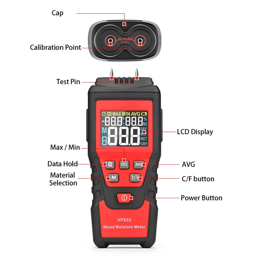 رطوبت سنج چوب دیجیتال AUTENS، رطوبت سنج چوب با صفحه نمایش ال سی دی با نور پس زمینه، کیف قابل حمل برای تشخیص نشت آب و رطوبت در سقف و دیوارهای چوبی