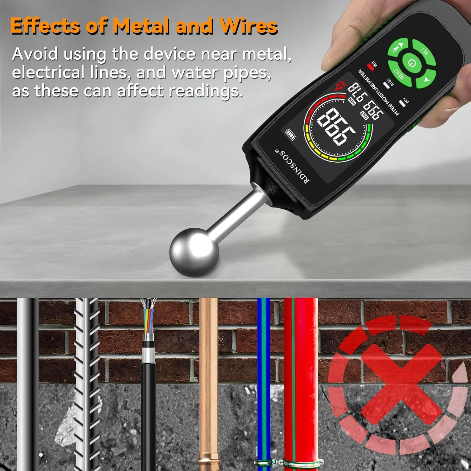 رطوبت سنج دیوار RDINSCOS، رطوبت سنج مصالح ساختمانی، مناسب برای دیوار، چوب، بتن، گچ، مصالح ساختمانی، دیوارهای زیرزمین (مدل توپی) رطوبت سنج دیوار RDINSCOS، رطوبت سنج مصالح ساختمانی، مناسب برای دیوار، چوب، بتن، گچ، مصالح ساختمانی، دیوارهای زیرزمین (مدل توپی)