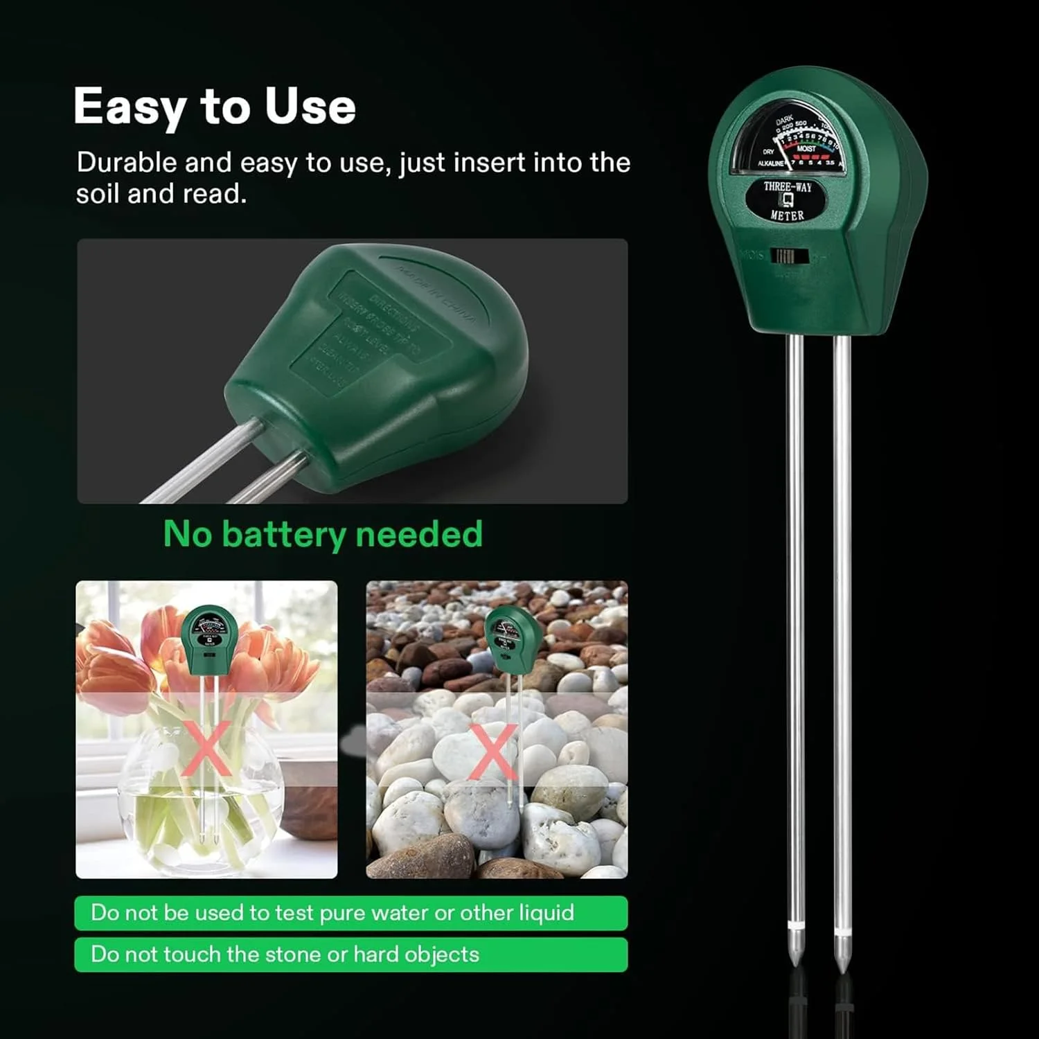 تستر خاک، مانیتور آب گیاه، رطوبت سنج خاک 3 در 1، تستر رطوبت/نور/PH، مناسب برای باغ ها، چمنزارها، مزارع، فضای باز و داخلی، ارتقاء رشد سالم گیاهان (بدون نیاز به باتری) تستر خاک، مانیتور آب گیاه، رطوبت سنج خاک 3 در 1، تستر رطوبت/نور/PH، مناسب برای باغ ها، چمنزارها، مزارع، فضای باز و داخلی، ارتقاء رشد سالم گیاهان (بدون نیاز به باتری)
