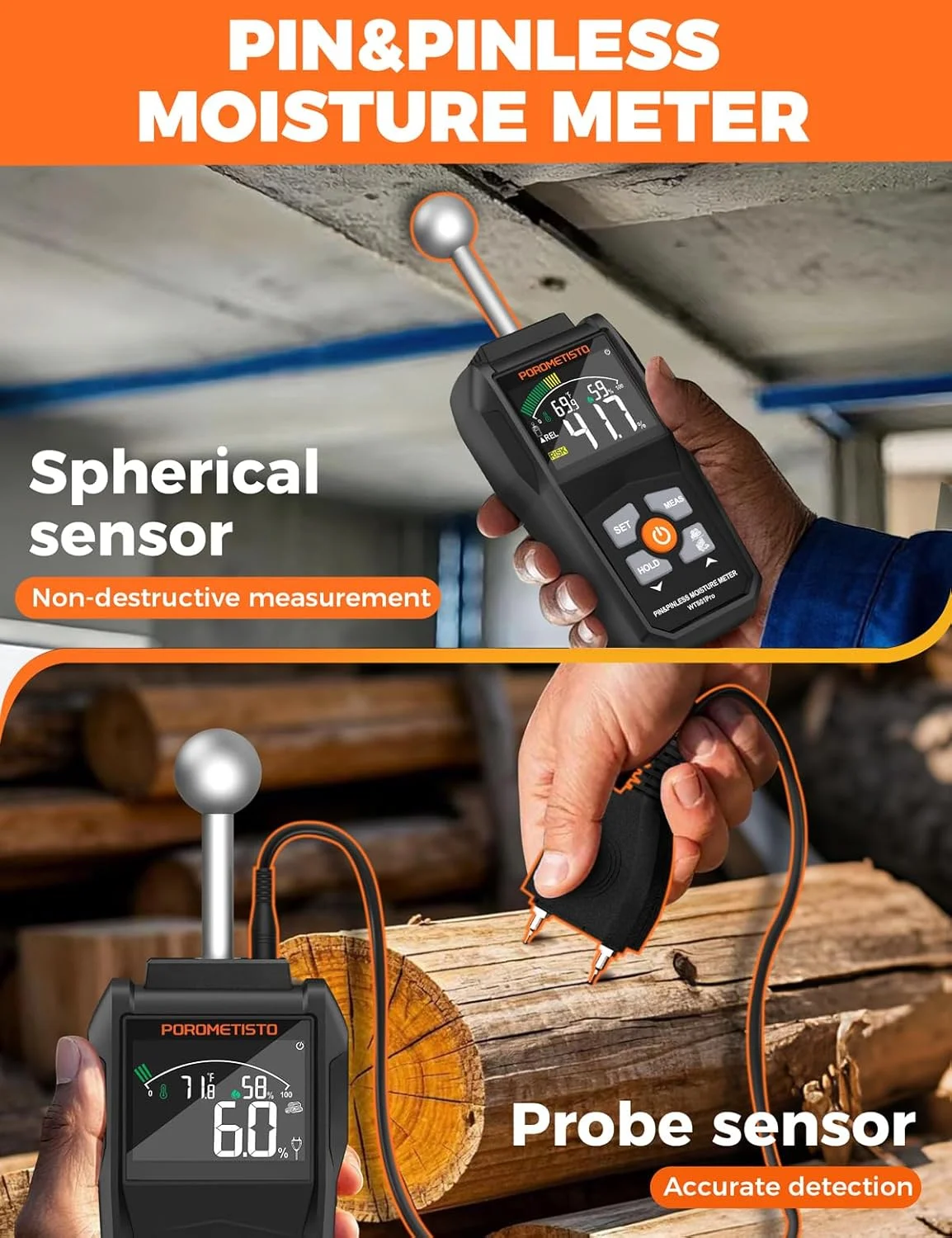 رطوبت سنج، رطوبت سنج سوزنی و بدون سوزن POROMETISTO - رطوبت سنج دو حالته چوب برای دیوارها، دیوار خشک، هیزم و بتن، رطوبت سنج دیجیتال با صفحه نمایش رنگی و آلارم رطوبت سنج، رطوبت سنج سوزنی و بدون سوزن POROMETISTO - رطوبت سنج دو حالته چوب برای دیوارها، دیوار خشک، هیزم و بتن، رطوبت سنج دیجیتال با صفحه نمایش رنگی و آلارم