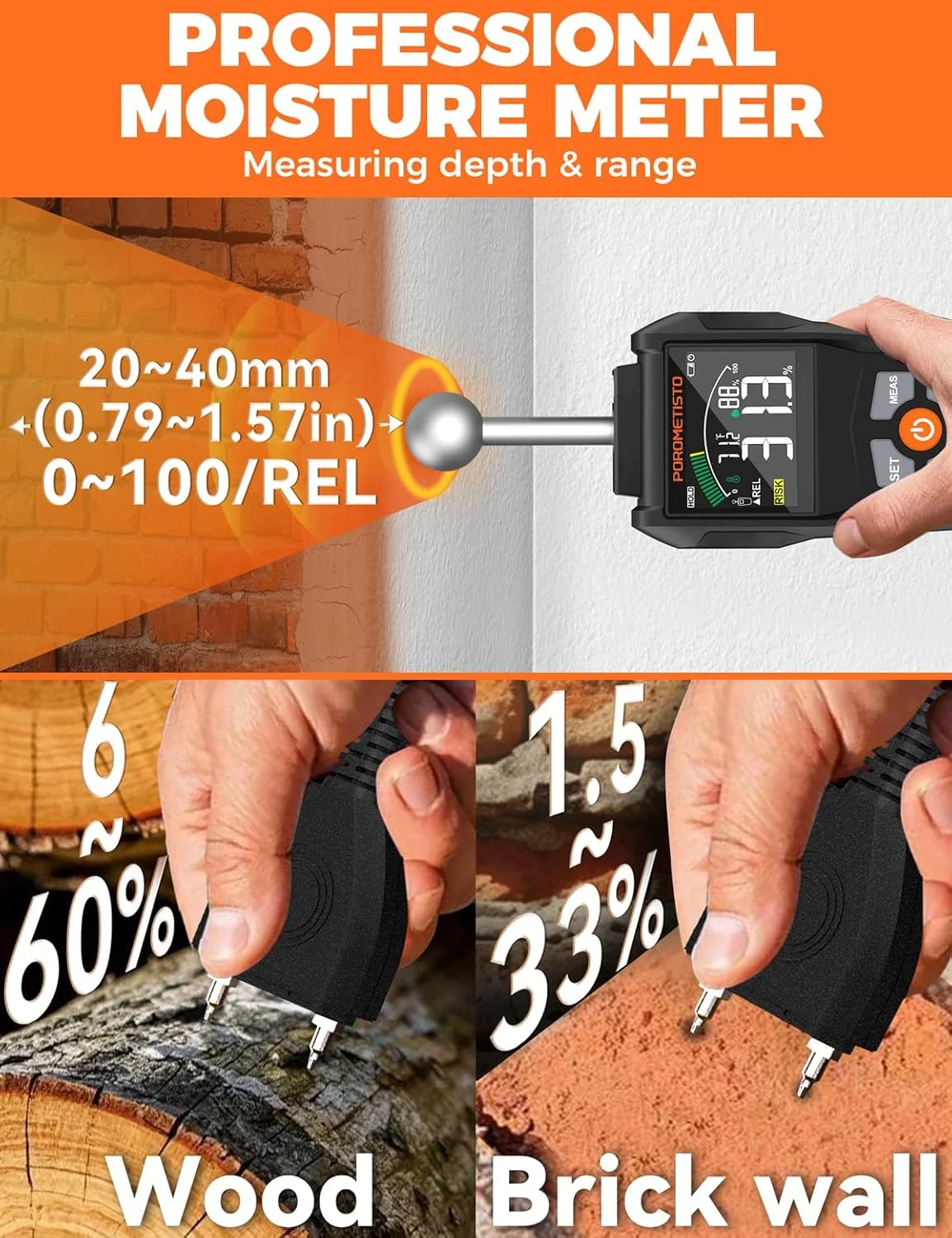 رطوبت سنج، رطوبت سنج سوزنی و بدون سوزن POROMETISTO - رطوبت سنج دو حالته چوب برای دیوارها، دیوار خشک، هیزم و بتن، رطوبت سنج دیجیتال با صفحه نمایش رنگی و آلارم رطوبت سنج، رطوبت سنج سوزنی و بدون سوزن POROMETISTO - رطوبت سنج دو حالته چوب برای دیوارها، دیوار خشک، هیزم و بتن، رطوبت سنج دیجیتال با صفحه نمایش رنگی و آلارم