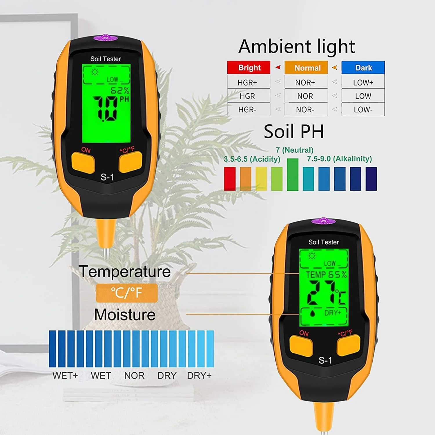 دستگاه تست خاک 4 در 1 Angju، سنجش رطوبت خاک با نور/PH/دما، تست دیجیتال دماسنج گیاه، نور سنج رطوبت برای باغبانی، کشاورزی، گیاهان داخلی و خارجی