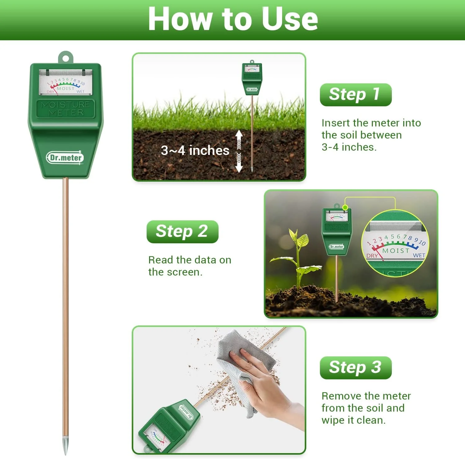 رطوبت سنج خاک Dr.meter، مناسب برای استفاده در باغ، چمنزار، مزرعه، داخل و خارج از منزل، سنسور رطوبت سنج تستر خاک برای گیاهان خانگی، هدیه باغبانی، بدون نیاز به باتری