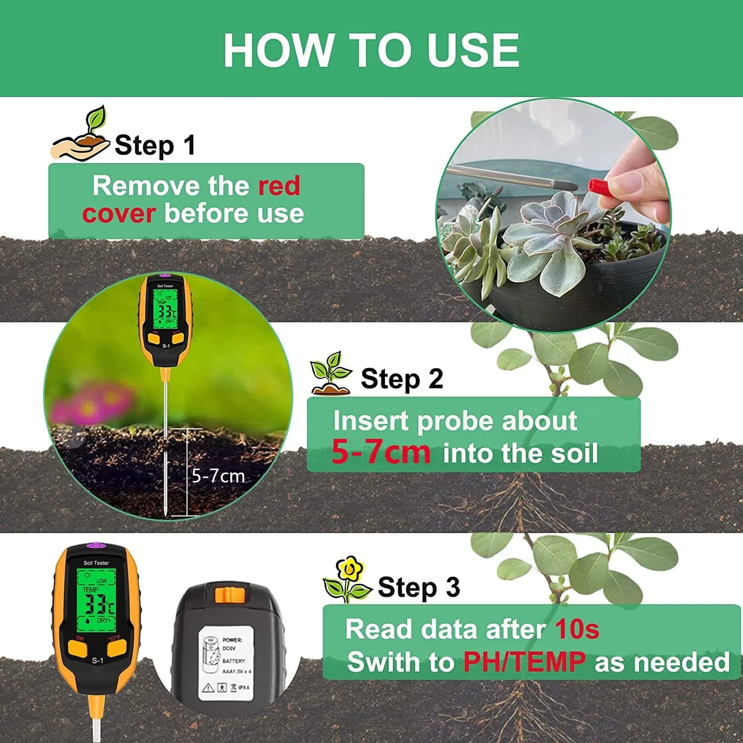 دستگاه تست خاک 4 در 1 Angju، سنجش رطوبت خاک با نور/PH/دما، تست دیجیتال دماسنج گیاه، نور سنج رطوبت برای باغبانی، کشاورزی، گیاهان داخلی و خارجی