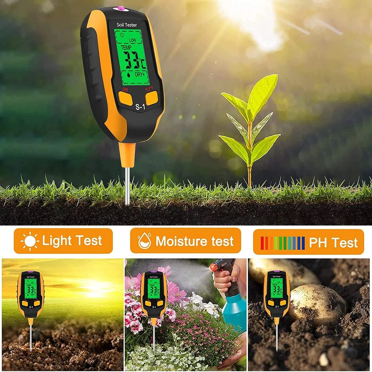 دستگاه تست خاک 4 در 1 Angju، سنجش رطوبت خاک با نور/PH/دما، تست دیجیتال دماسنج گیاه، نور سنج رطوبت برای باغبانی، کشاورزی، گیاهان داخلی و خارجی