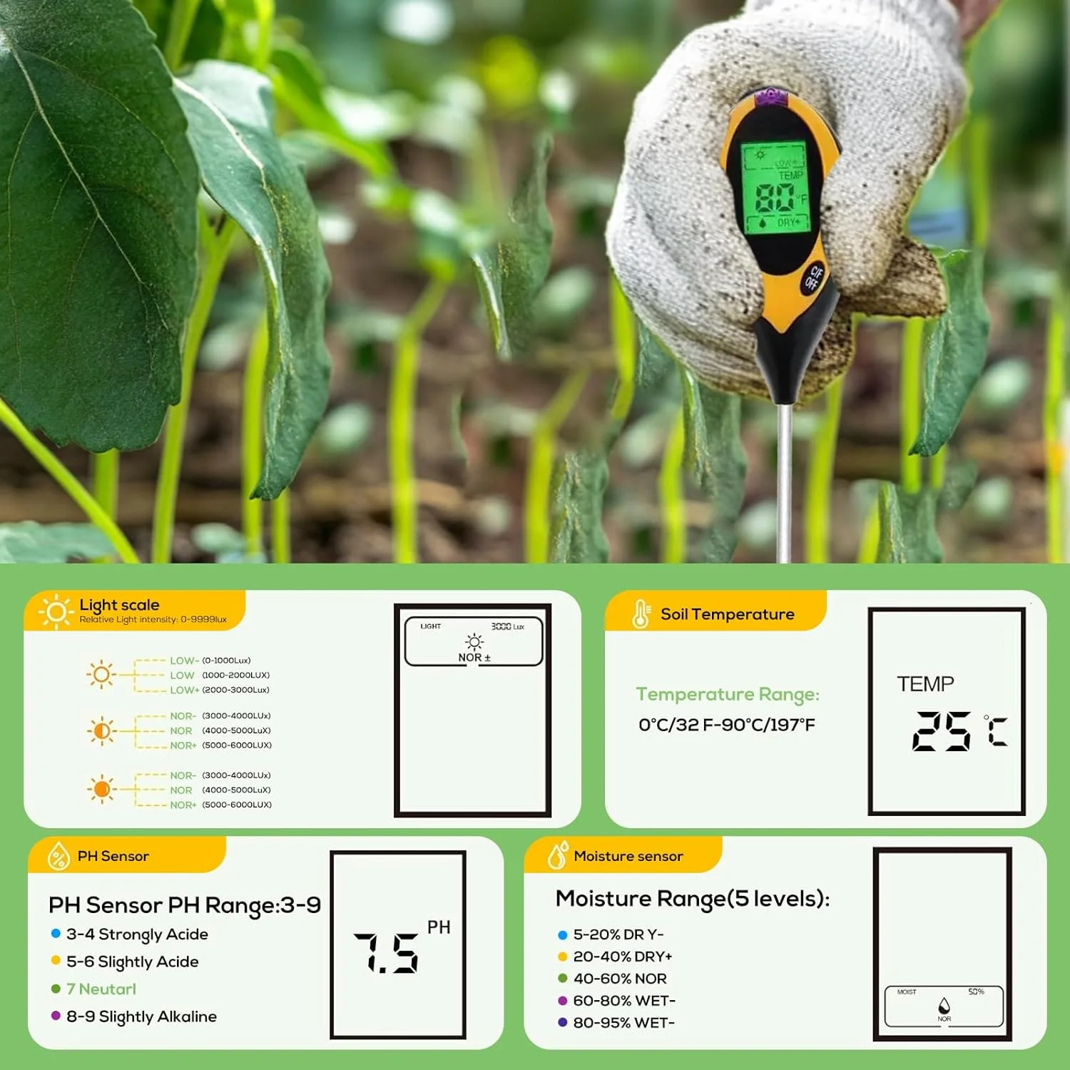 رطوبت سنج خاک 4 در 1، ابزاری ایده آل برای باغ، باغ میوه، مزرعه، استفاده در فضای داخلی و خارجی رطوبت سنج خاک 4 در 1، ابزاری ایده آل برای باغ، باغ میوه، مزرعه، استفاده در فضای داخلی و خارجی