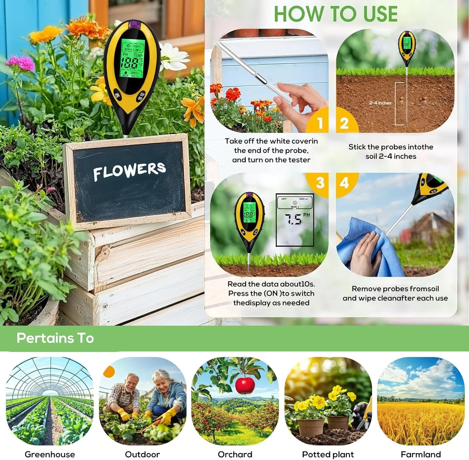 رطوبت سنج خاک 4 در 1، ابزاری ایده آل برای باغ، باغ میوه، مزرعه، استفاده در فضای داخلی و خارجی رطوبت سنج خاک 4 در 1، ابزاری ایده آل برای باغ، باغ میوه، مزرعه، استفاده در فضای داخلی و خارجی