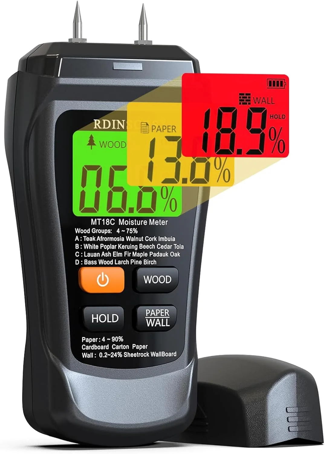 رطوبت سنج سوزنی RDINSCOS برای چوب، مصالح ساختمانی با صفحه نمایش LCD رنگی