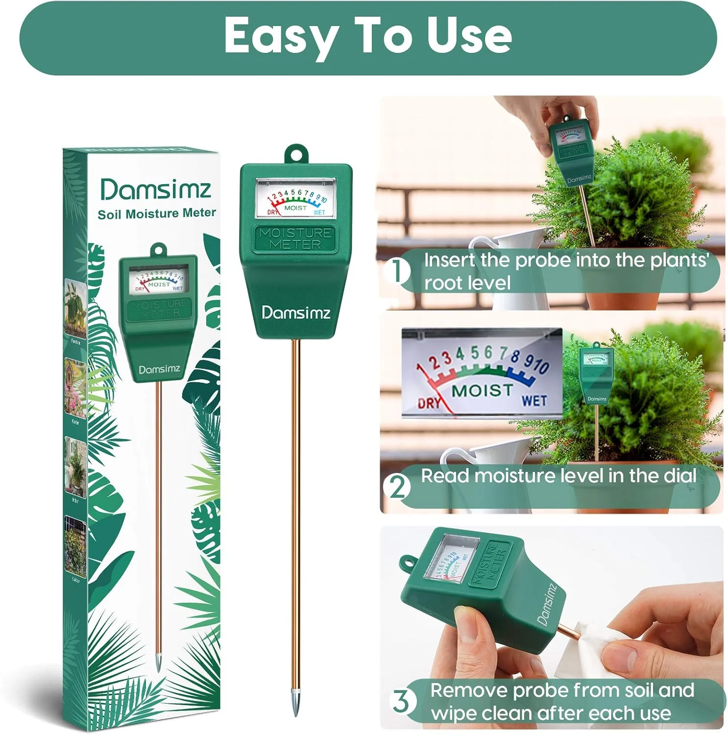 رطوبت سنج خاک Damsimz، رطوبت سنج گیاه، هیدرومتر تست رطوبت خاک گیاه برای مراقبت از گیاه، باغبانی، کشاورزی، گیاهان داخلی و خارجی (بدون نیاز به باتری)