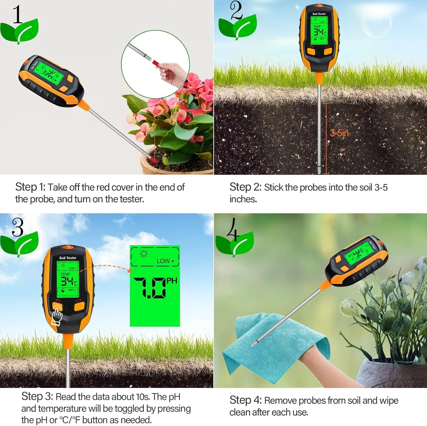 رطوبت سنج خاک 4 در 1، دماسنج دیجیتال گیاه/رطوبت خاک/PH متر/شدت نور خورشید/رطوبت محیط با نور پس زمینه صفحه نمایش LCD تستر خاک برای باغبانی، کشاورزی و گیاهان فضای باز رطوبت سنج خاک 4 در 1، دماسنج دیجیتال گیاه/رطوبت خاک/PH متر/شدت نور خورشید/رطوبت محیط با نور پس زمینه صفحه نمایش LCD تستر خاک برای باغبانی، کشاورزی و گیاهان فضای باز