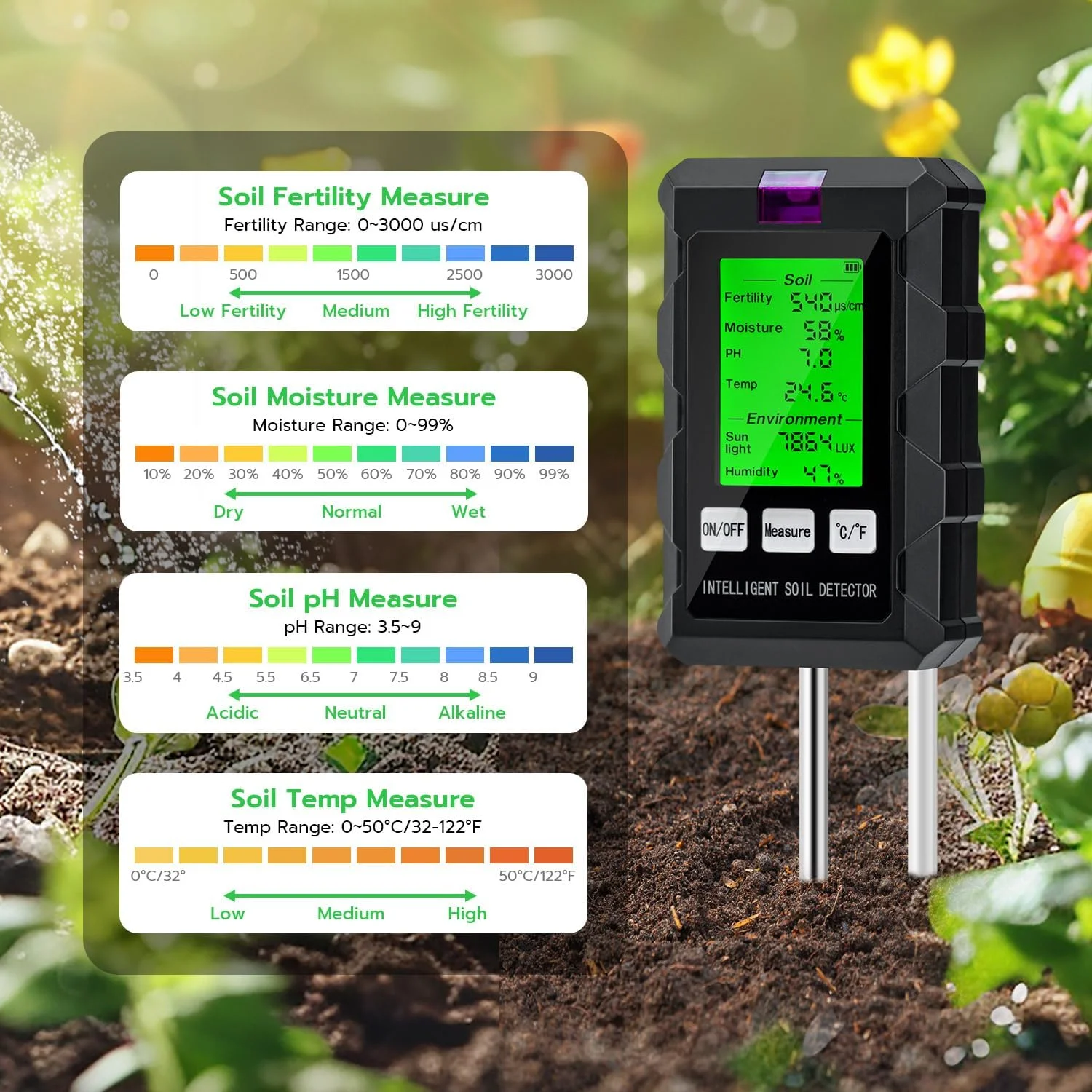 دستگاه سنجش pH خاک Mcbazel با دو پروب 6 در 1 برای گیاهان، با قابلیت سنجش رطوبت خاک، pH، دما، حاصلخیزی، شدت نور، رطوبت محیط، مناسب برای باغبانی، گیاهان، کشاورزی دستگاه سنجش pH خاک Mcbazel با دو پروب 6 در 1 برای گیاهان، با قابلیت سنجش رطوبت خاک، pH، دما، حاصلخیزی، شدت نور، رطوبت محیط، مناسب برای باغبانی، گیاهان، کشاورزی