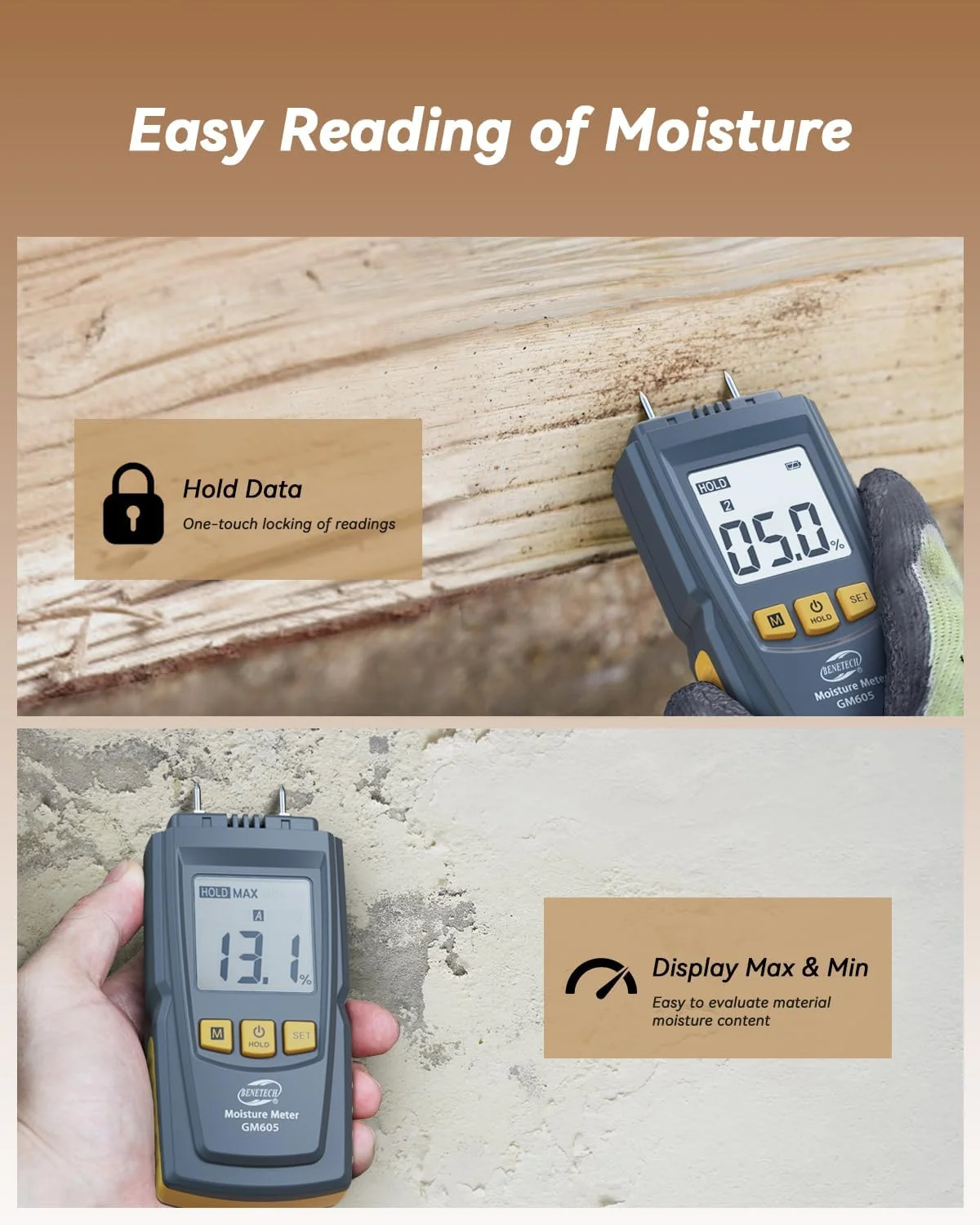 رطوبت سنج دیجیتال سوزنی چند منظوره برای تشخیص رطوبت مصالح ساختمانی، هیزم، دیوارها و کاغذ