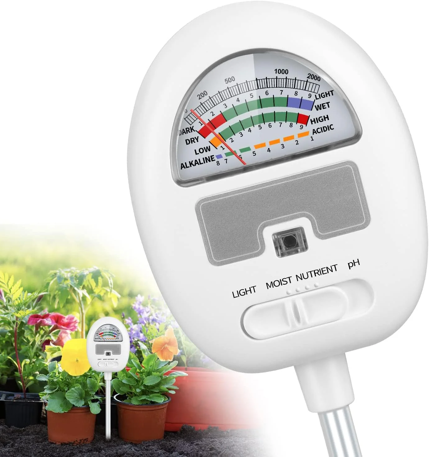 رطوبت سنج خاک NALACAL، تستر pH خاک 4 در 1، رطوبت/نور/مواد مغذی خاک برای باغبانی، چمن، کشاورزی، استفاده گیاهان داخلی و خارجی
