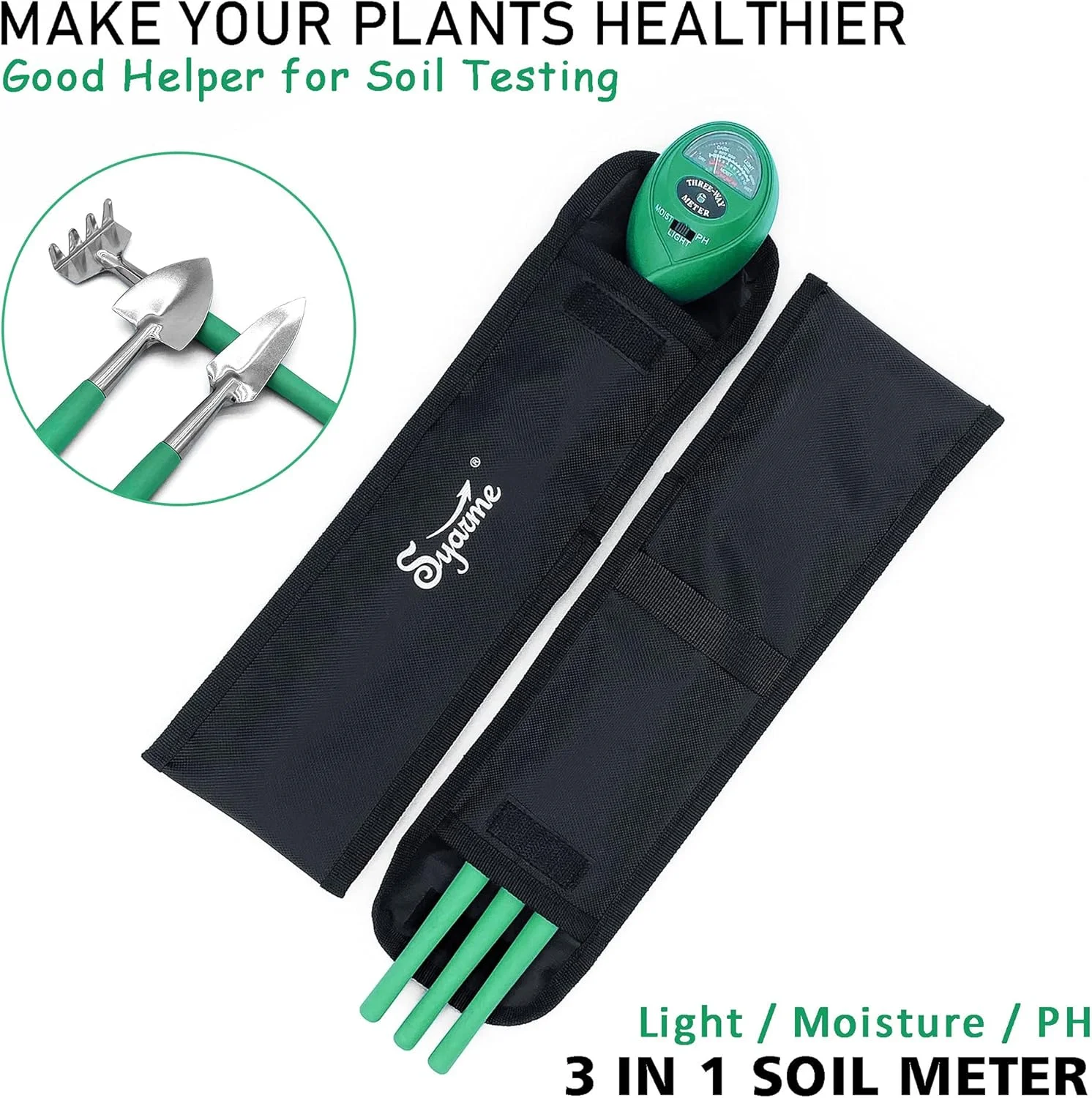 تستر خاک Syarme، رطوبت سنج خاک برای تست PH/رطوبت/نور خورشید خاک، مناسب برای باغ ها، مزارع، چمنزارها و غیره، بدون نیاز به باتری، شامل ابزار باغبانی و کیف تستر خاک Syarme، رطوبت سنج خاک برای تست PH/رطوبت/نور خورشید خاک، مناسب برای باغ ها، مزارع، چمنزارها و غیره، بدون نیاز به باتری، شامل ابزار باغبانی و کیف