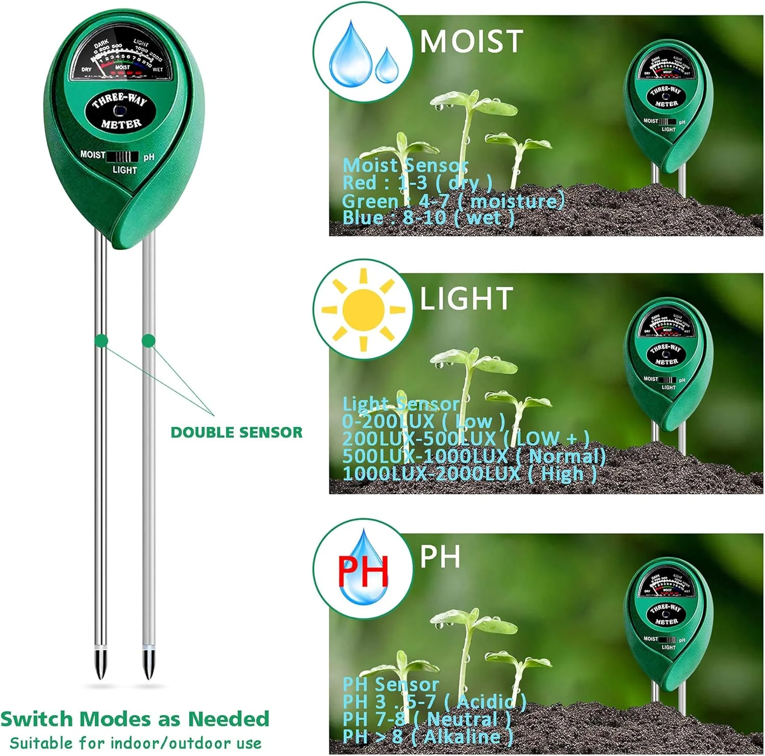 تستر خاک Syarme، رطوبت سنج خاک برای تست PH/رطوبت/نور خورشید خاک، مناسب برای باغ ها، مزارع، چمنزارها و غیره، بدون نیاز به باتری، شامل ابزار باغبانی و کیف تستر خاک Syarme، رطوبت سنج خاک برای تست PH/رطوبت/نور خورشید خاک، مناسب برای باغ ها، مزارع، چمنزارها و غیره، بدون نیاز به باتری، شامل ابزار باغبانی و کیف