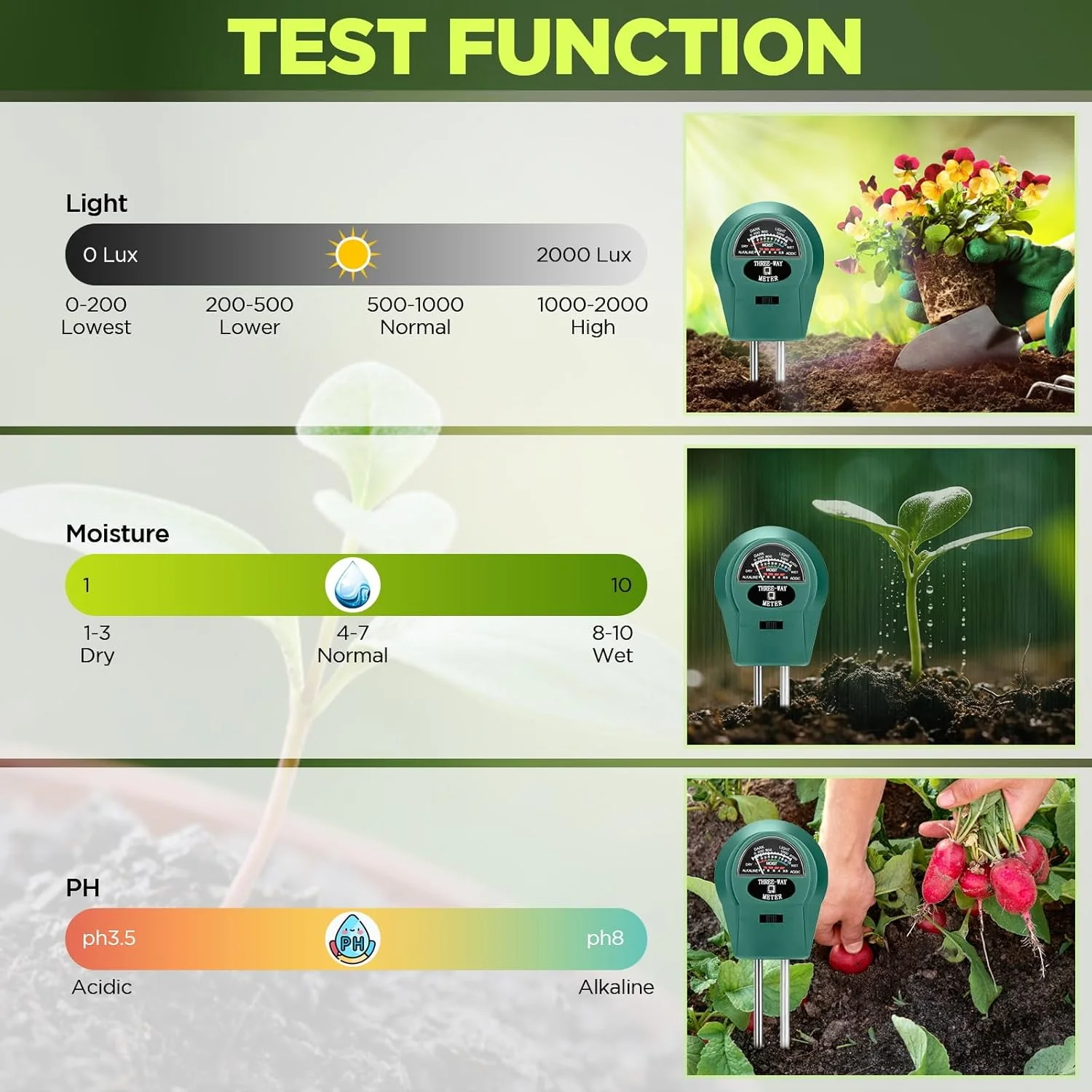 رطوبت سنج خاک، تستر نور و رطوبت گیاه 3 در 1، ابزار تست باغ، نور خورشید و آب، کیت نشانگر سنسور آشکارساز خاک حرفه ای برای باغ، چمن، مزرعه، داخل و خارج از منزل (بدون نیاز به باتری)