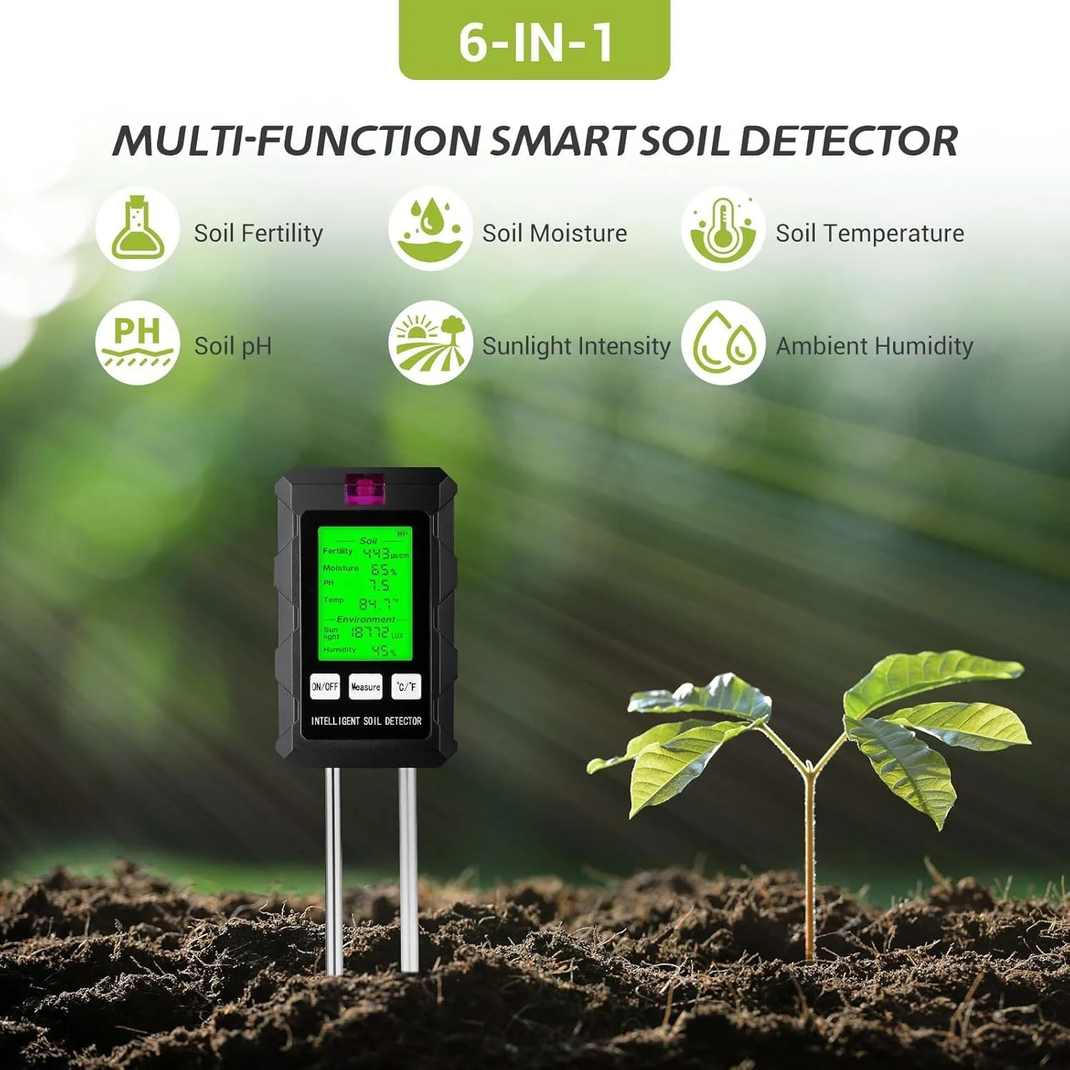 دستگاه تست خاک 6 در 1 چند منظوره با صفحه نمایش LCD، دماسنج و رطوبت سنج دقیق، آشکارساز pH، حاصلخیزی، رطوبت، مانیتور شدت نور خورشید برای گیاهان داخلی/خارجی و باغبانی دستگاه تست خاک 6 در 1 چند منظوره با صفحه نمایش LCD، دماسنج و رطوبت سنج دقیق، آشکارساز pH، حاصلخیزی، رطوبت، مانیتور شدت نور خورشید برای گیاهان داخلی/خارجی و باغبانی