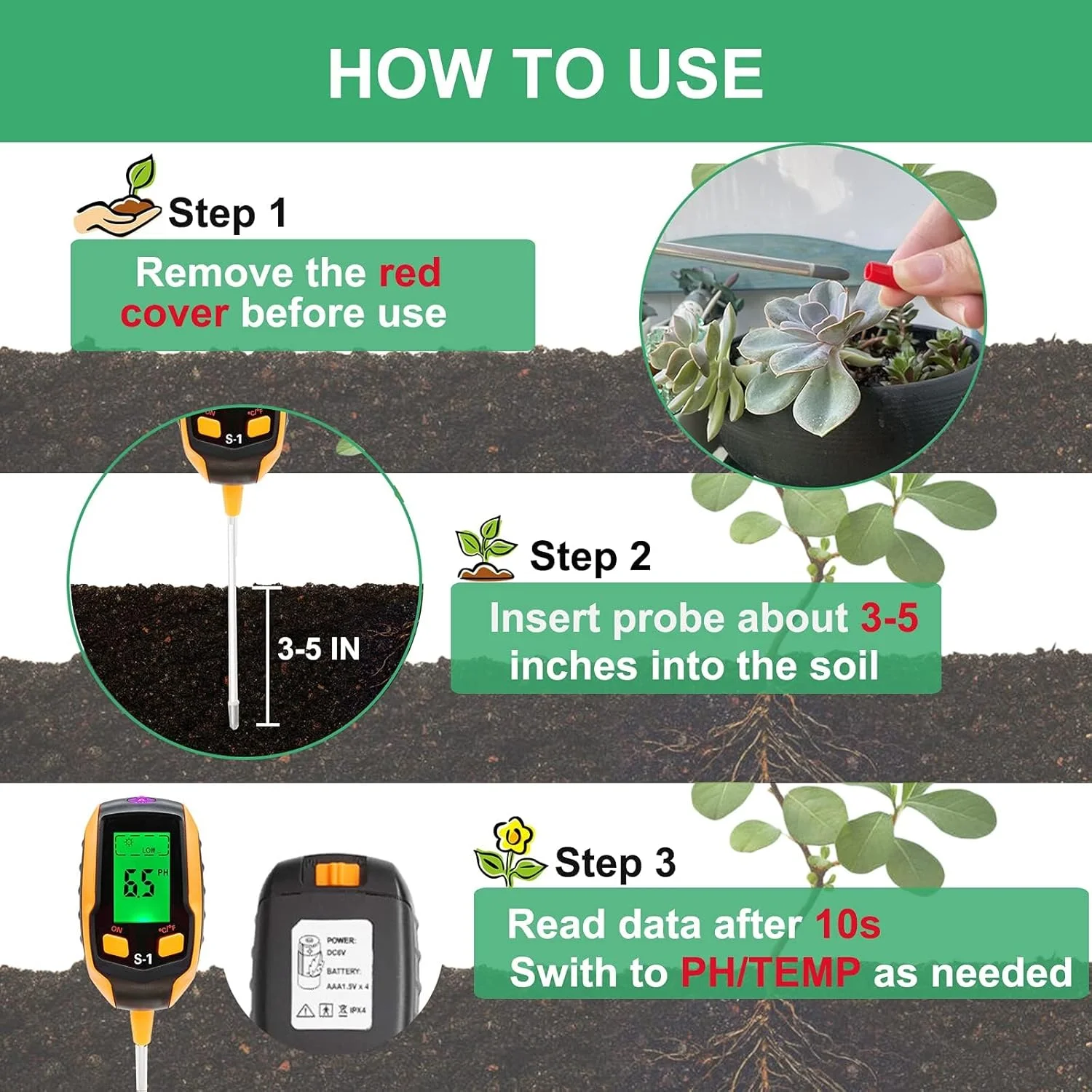 دستگاه 4 در 1 سنجش رطوبت خاک، دماسنج دیجیتال خاک/رطوبت خاک/PH متر/شدت نور خورشید/رطوبت محیط با صفحه نمایش LCD دارای نور پس زمینه، دستگاه تست خاک برای باغبانی، کشاورزی و فضای باز دستگاه 4 در 1 سنجش رطوبت خاک، دماسنج دیجیتال خاک/رطوبت خاک/PH متر/شدت نور خورشید/رطوبت محیط با صفحه نمایش LCD دارای نور پس زمینه، دستگاه تست خاک برای باغبانی، کشاورزی و فضای باز