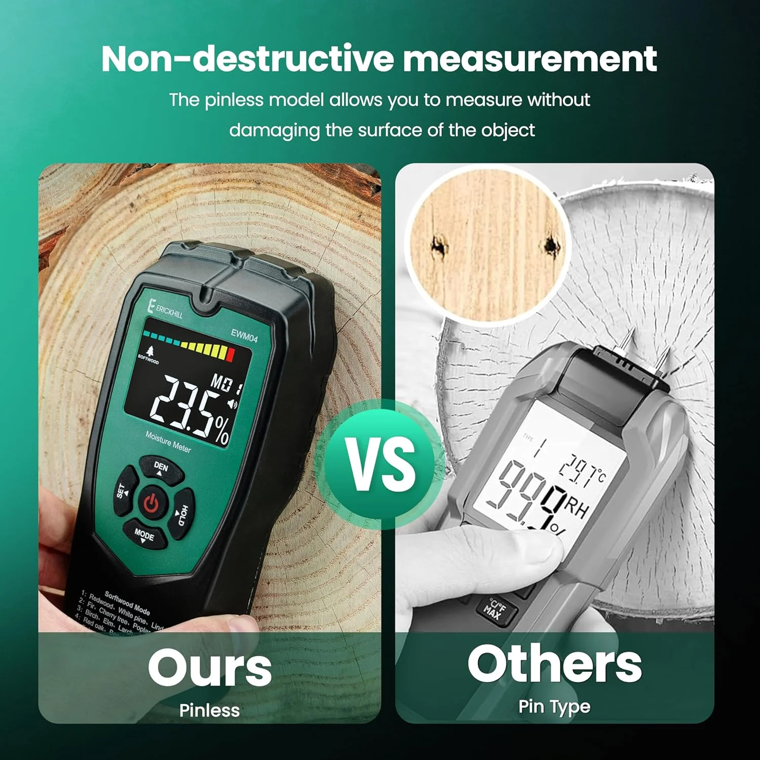 دستگاه رطوبت سنج اریک هیل، بدون پین و غیر مخرب با 9 حالت برای چوب نرم، صفحه نمایش LCD، بازرسی رطوبت چوب و مصالح ساختمانی، ردیاب کپک برای چوب، کاغذ و غیره