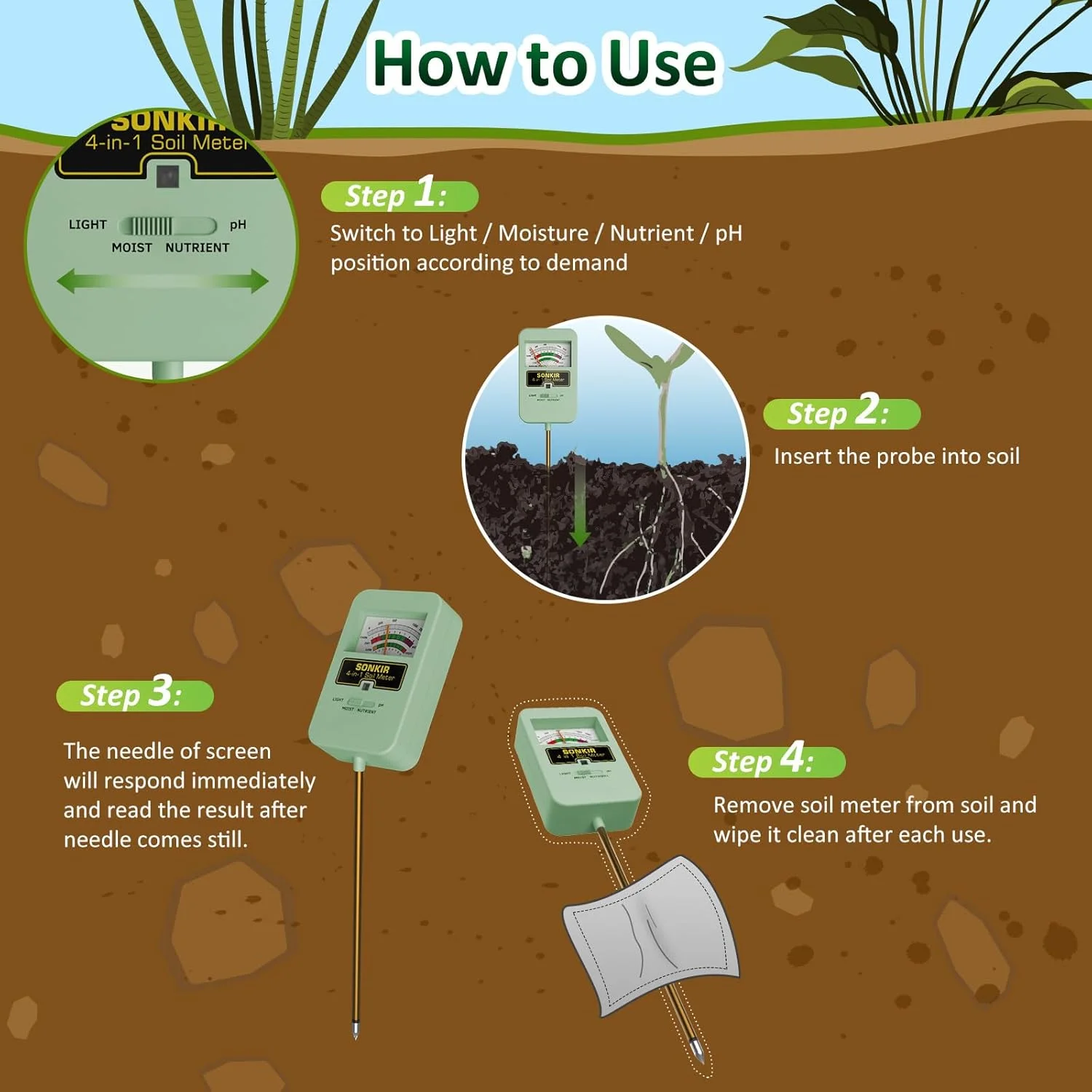سنجشگر خاک سونکر 4 در 1، تستر خاک برای مواد مغذی، رطوبت، PH و نور، کیت تست PH خاک برای گیاهان، مناسب برای باغ، استفاده در فضای داخلی و خارجی (بدون نیاز به باتری)، سبز سنجشگر خاک سونکر 4 در 1، تستر خاک برای مواد مغذی، رطوبت، PH و نور، کیت تست PH خاک برای گیاهان، مناسب برای باغ، استفاده در فضای داخلی و خارجی (بدون نیاز به باتری)، سبز