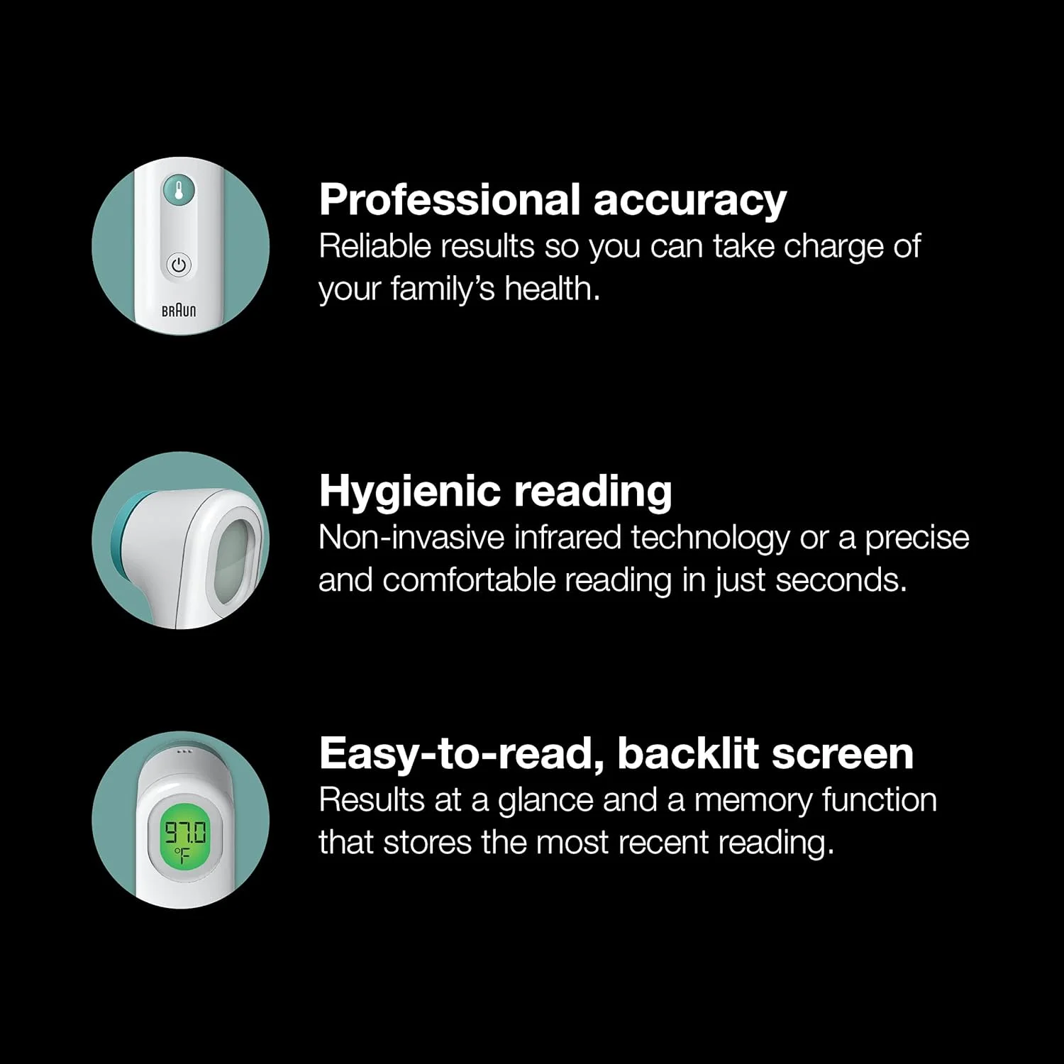 دماسنج پیشانی براون - دماسنج دیجیتال با دقت حرفه ای و راهنمای دمای کدگذاری شده با رنگ - دماسنج برای بزرگسالان، نوزادان، کودکان نوپا و بچه ها