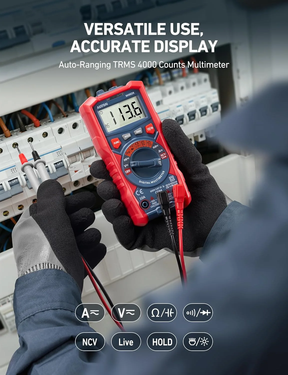 مولتی متر دیجیتال AstroAI با 4000 شمارنده TRMS، ولت متر با محدوده خودکار، تستر ولتاژ باتری 1.5 ولت/9 ولت/12 ولت، اندازه گیری ولتاژ، جریان، مقاومت، دیودها، پیوستگی، ولت متر با عملکرد ولتاژ غیر تماسی