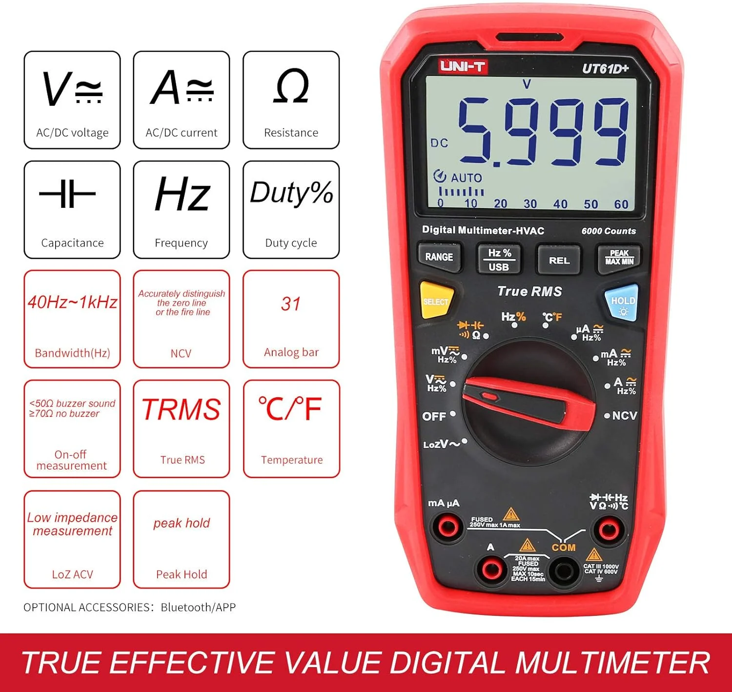 مولتی متر دیجیتال True RMS مدل UNI-T UT61D+ برای اندازه گیری ولتاژ AC/DC، جریان، مقاومت و ظرفیت مولتی متر دیجیتال True RMS مدل UNI-T UT61D+ برای اندازه گیری ولتاژ AC/DC، جریان، مقاومت و ظرفیت