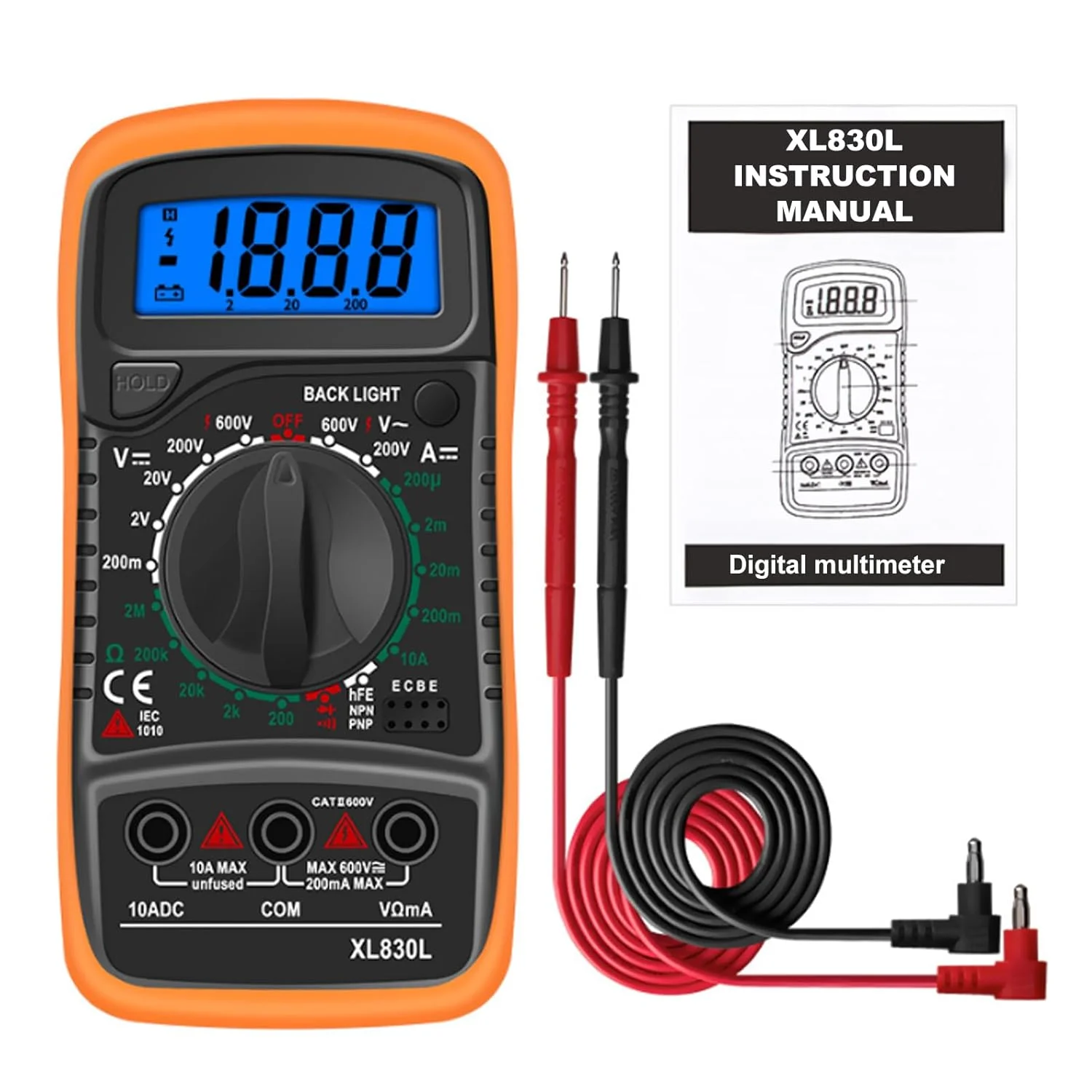 مولتی متر دیجیتال - اندازه گیری دقیق ولتاژ DC/AC، جریان و موارد دیگر - قابل حمل و ایمن برای خانه، مدرسه، کارگاه (نارنجی)
